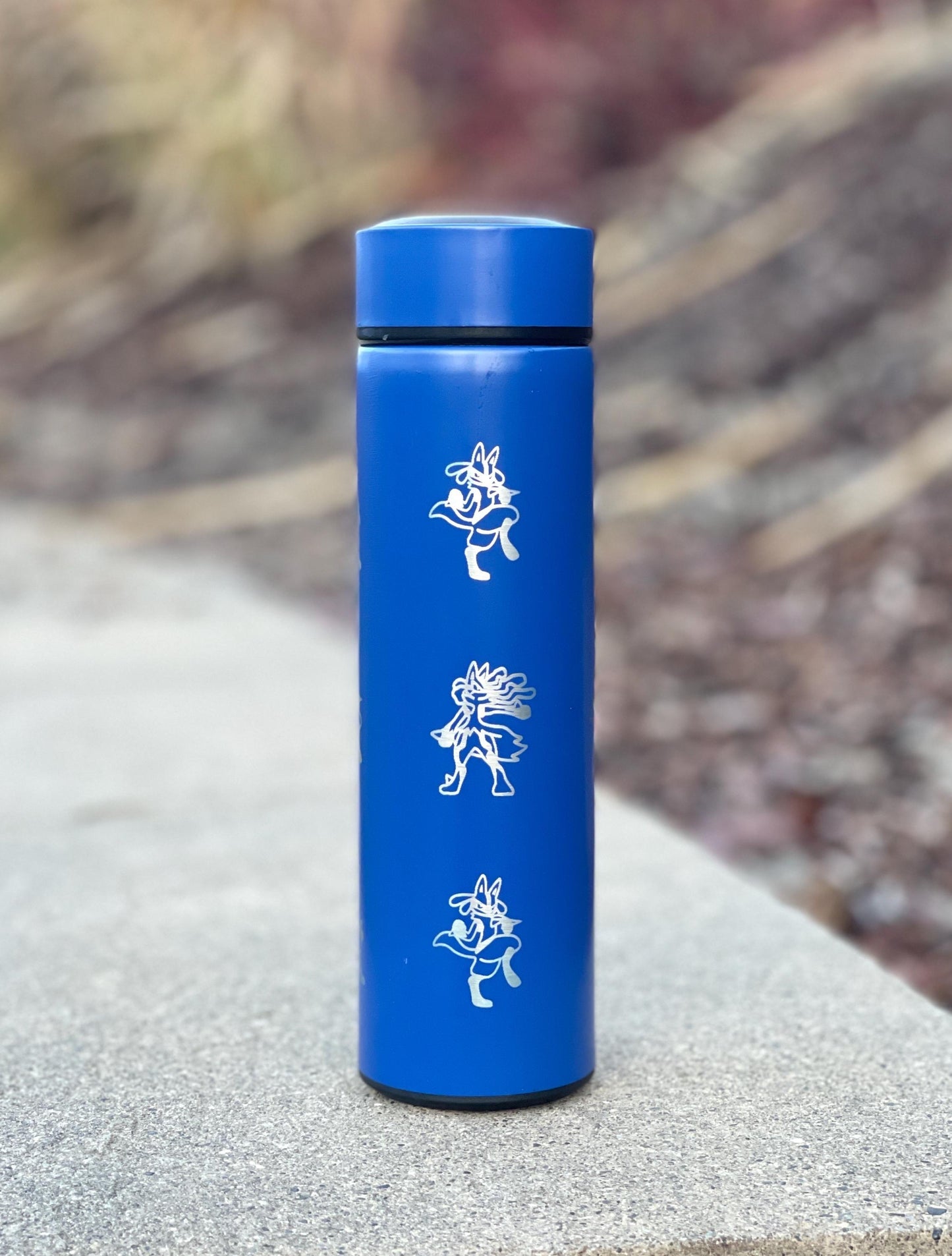 Lucario Coffee Tumbler Tea Infuser Waterbottle with Mega Lucario Aura Sphere, Engraved Water Bottle Thermos, Gamer Anniversary Birthday Gift