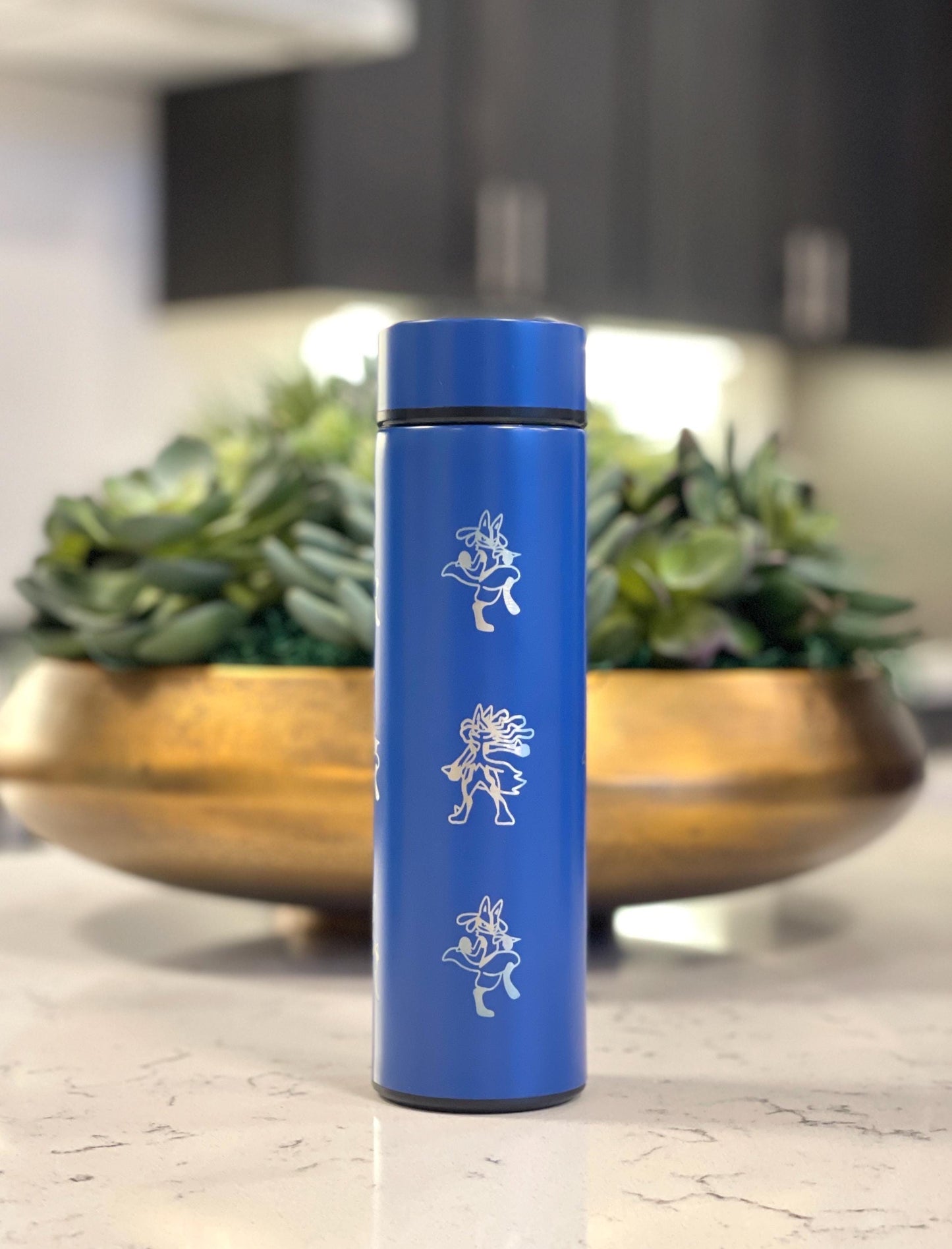 Lucario Coffee Tumbler Tea Infuser Waterbottle with Mega Lucario Aura Sphere, Engraved Water Bottle Thermos, Gamer Anniversary Birthday Gift