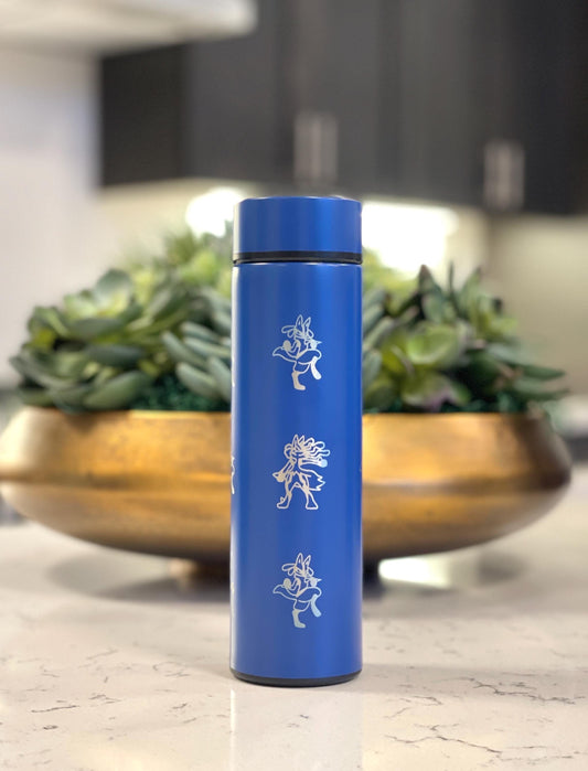 Lucario Coffee Tumbler Tea Infuser Waterbottle with Mega Lucario Aura Sphere, Engraved Water Bottle Thermos, Gamer Anniversary Birthday Gift