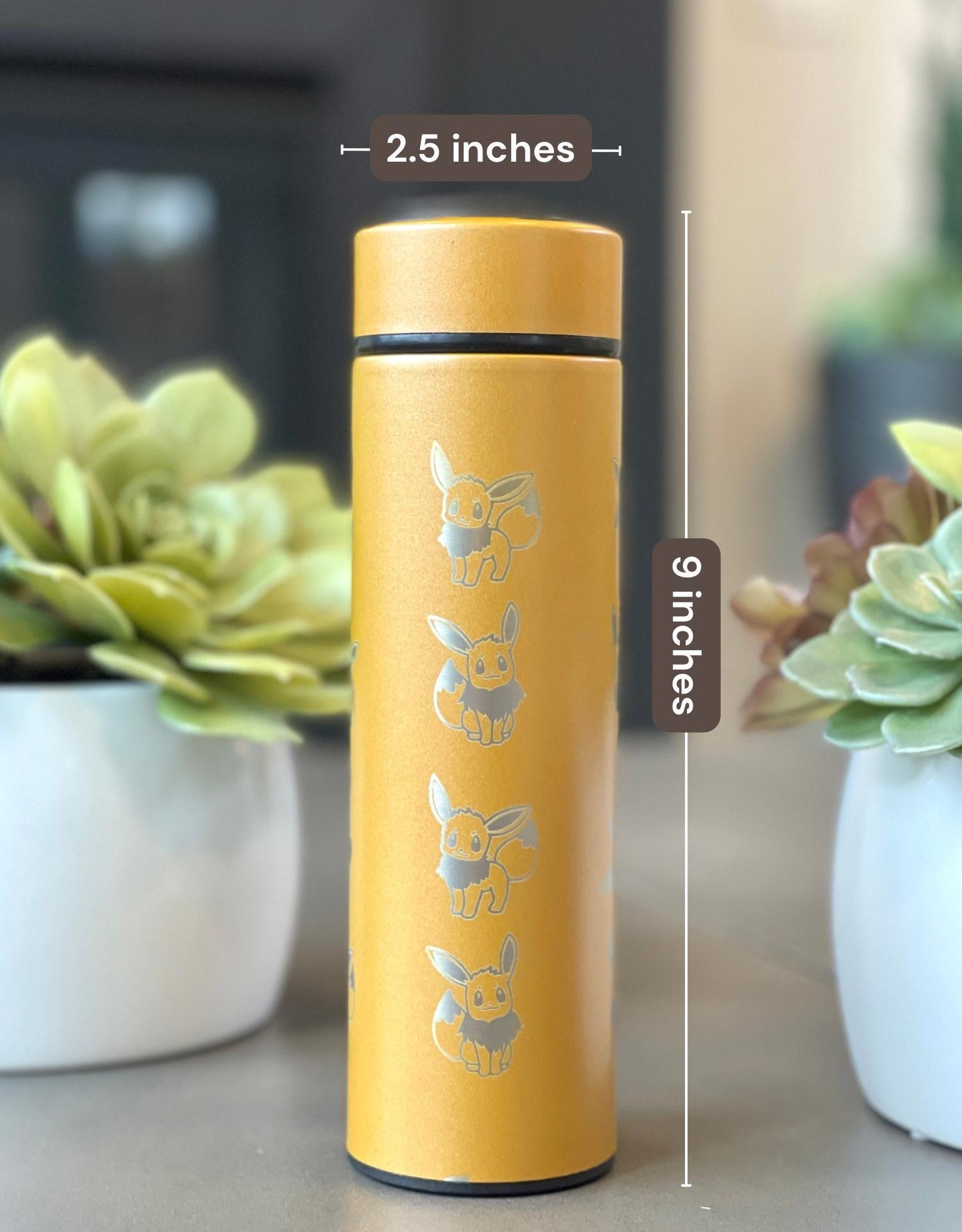 Eevee Coffee Tumbler with Tea Infuser, Engraved Shiny Eevee Water Bottle Gigantamax & Lana’s Sandy Eevee Thermos, Eeveelution Anime Fan Gift