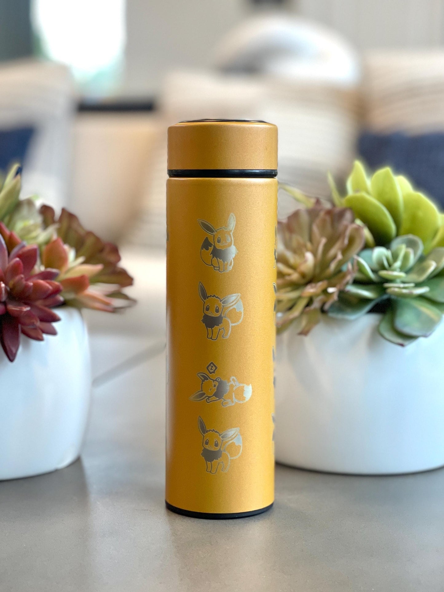 Eevee Coffee Tumbler with Tea Infuser, Engraved Shiny Eevee Water Bottle Gigantamax & Lana’s Sandy Eevee Thermos, Eeveelution Anime Fan Gift