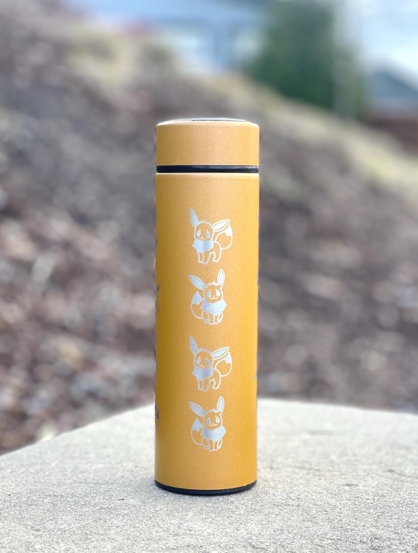 Eevee Coffee Tumbler with Tea Infuser, Engraved Shiny Eevee Water Bottle Gigantamax & Lana’s Sandy Eevee Thermos, Eeveelution Anime Fan Gift