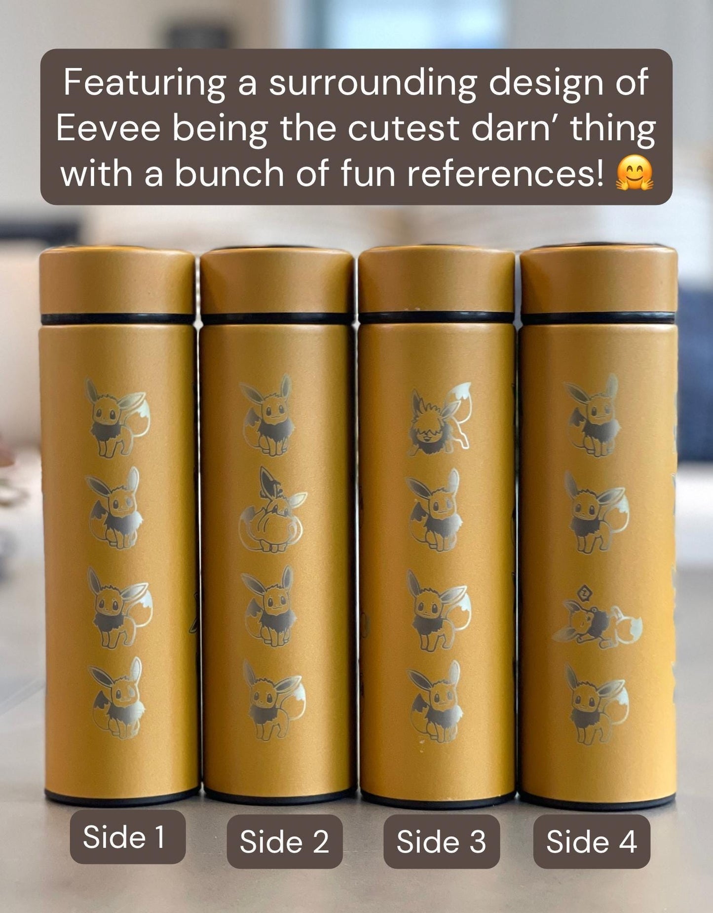 Eevee Coffee Tumbler with Tea Infuser, Engraved Shiny Eevee Water Bottle Gigantamax & Lana’s Sandy Eevee Thermos, Eeveelution Anime Fan Gift