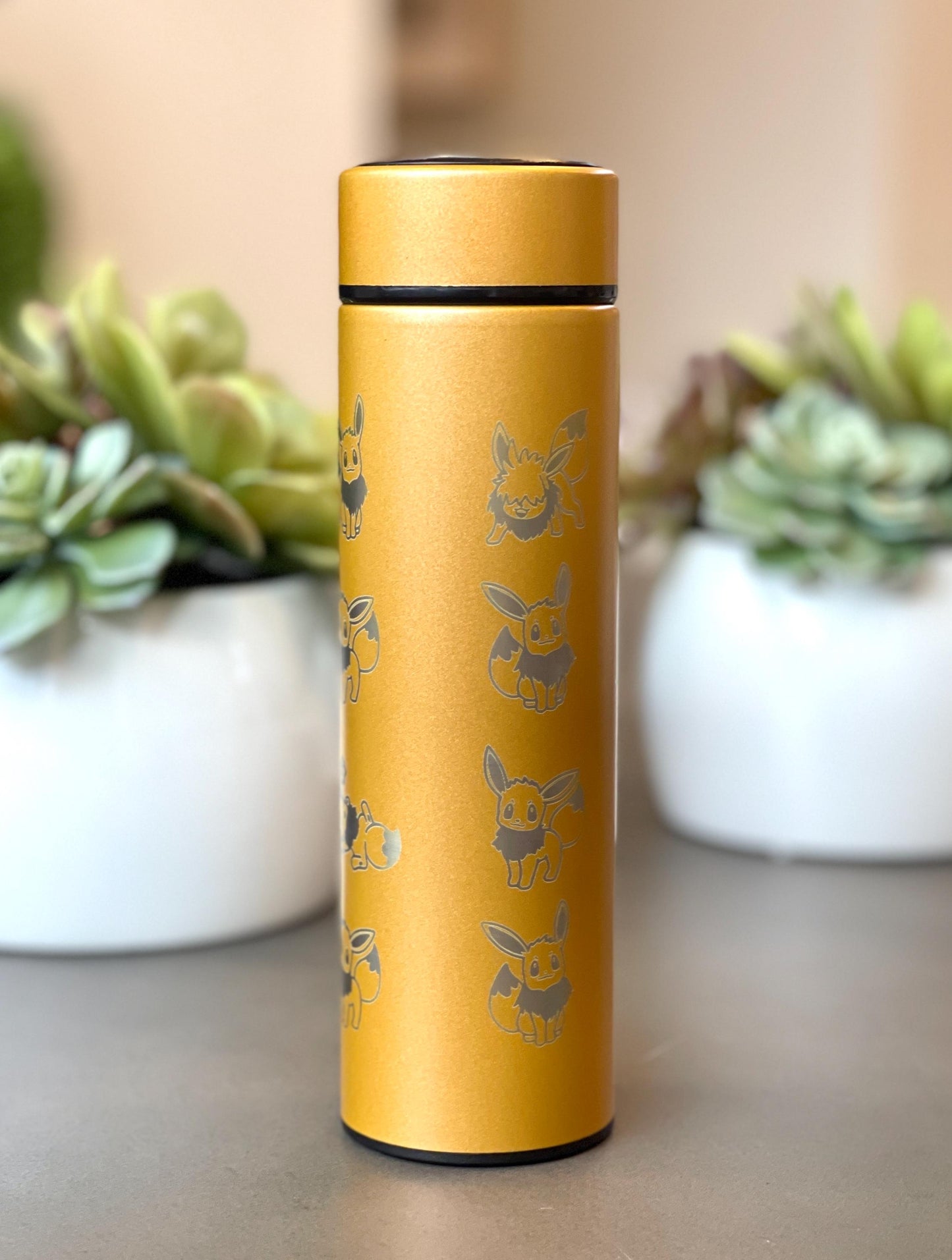 Eevee Coffee Tumbler with Tea Infuser, Engraved Shiny Eevee Water Bottle Gigantamax & Lana’s Sandy Eevee Thermos, Eeveelution Anime Fan Gift