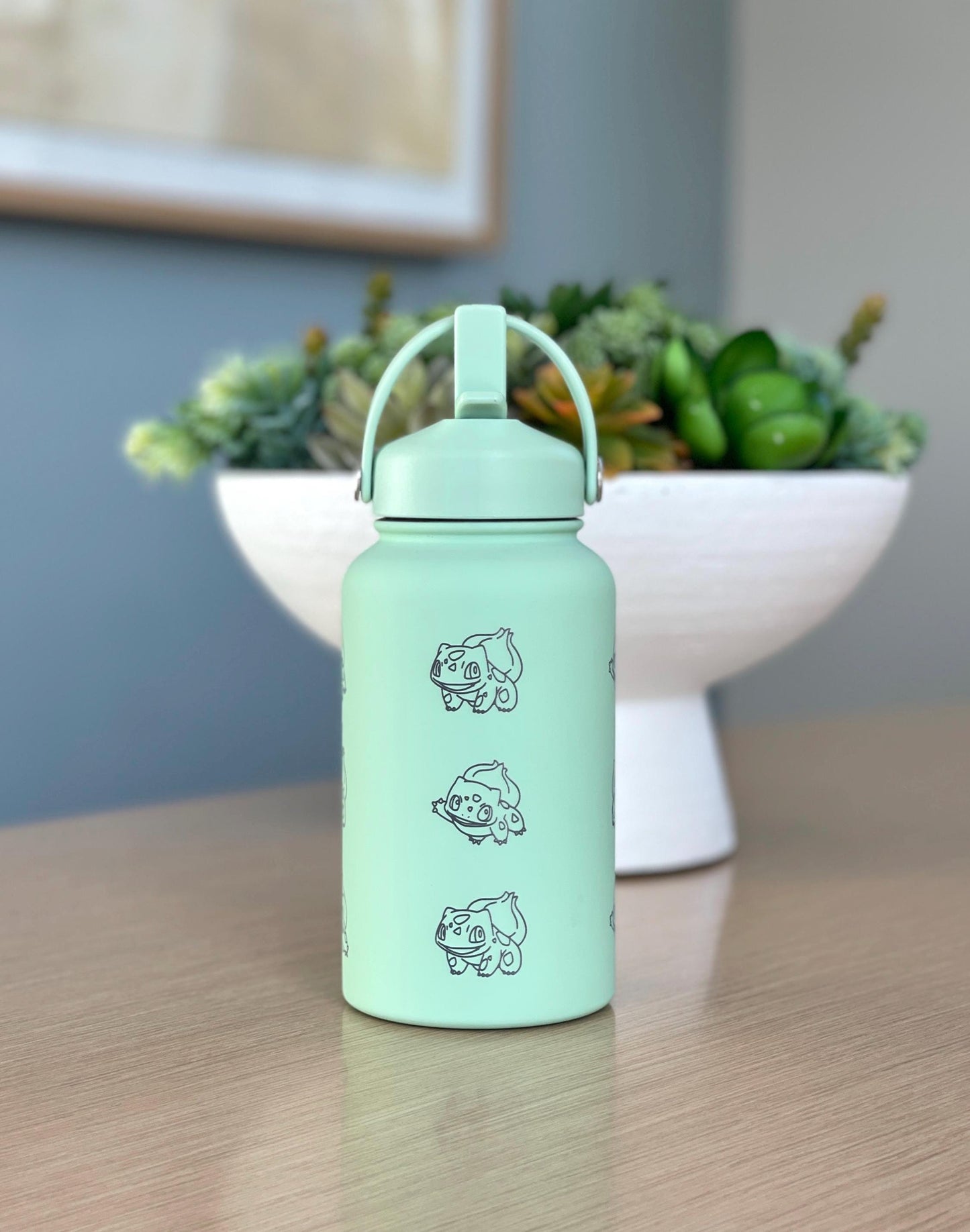 Bulbasaur Water Bottle Engraved Coffee Tumbler, Grass Kanto Starter Waterbottle Thermos Travel Mug Flask, Anime Fan Birthday Gift
