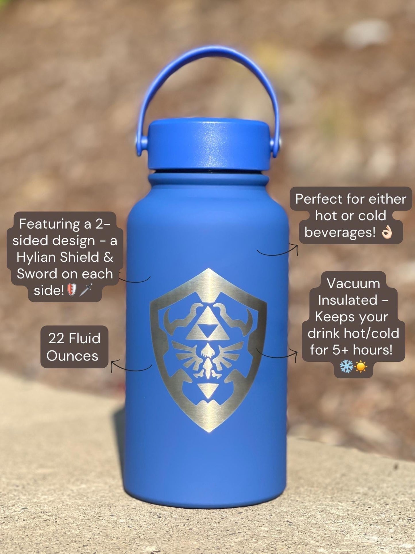 Zelda Hylian Shield & Sword Link Water Bottle, Breath of the Wild Coffee Tumbler, Gamer Birthday Anniversary Travel Mug Thermos Flask Gift