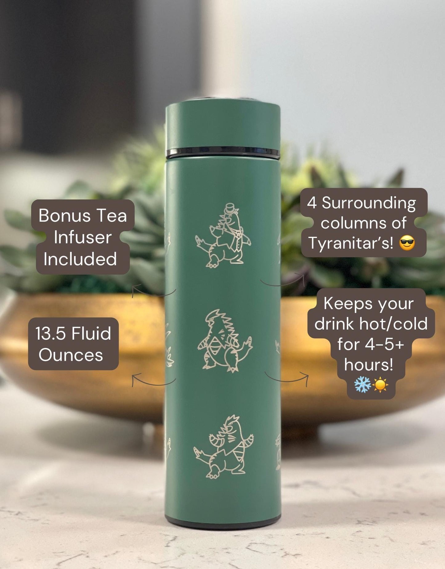 Tyranitar Coffee Tumbler Tea Infuser Waterbottle with Mega Tyranitar & Iron Thorns, Paradox Gamer Anime Travel Mug Flask Birthday Gift