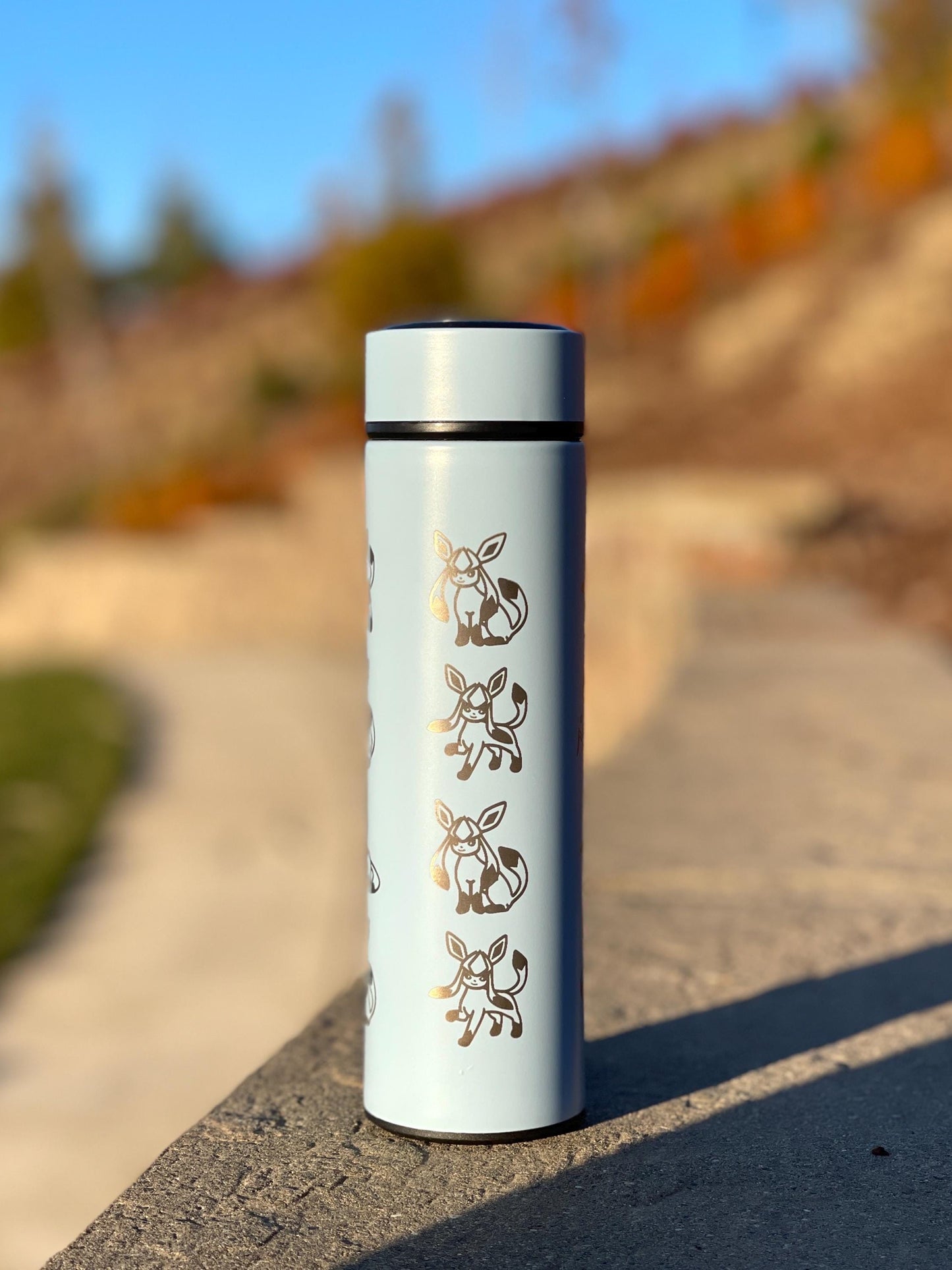 Leafeon Coffee Tumbler Tea Infuser with Razor Leaf & Flower Crown Costume Waterbottle, Glaceon Eeveelution Anime Fan Birthday Thermos Gift