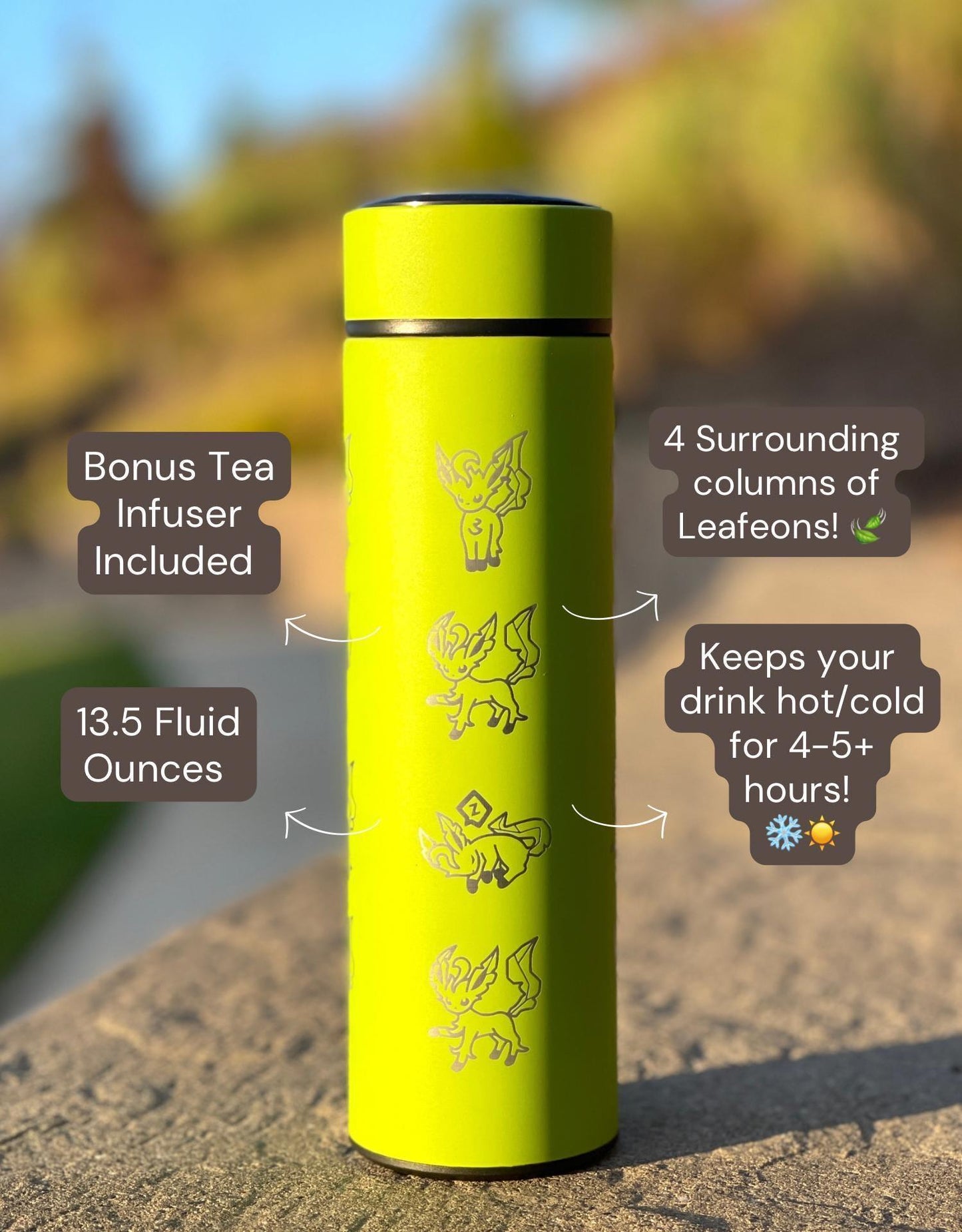 Leafeon Coffee Tumbler Tea Infuser with Razor Leaf & Flower Crown Costume Waterbottle, Glaceon Eeveelution Anime Fan Birthday Thermos Gift