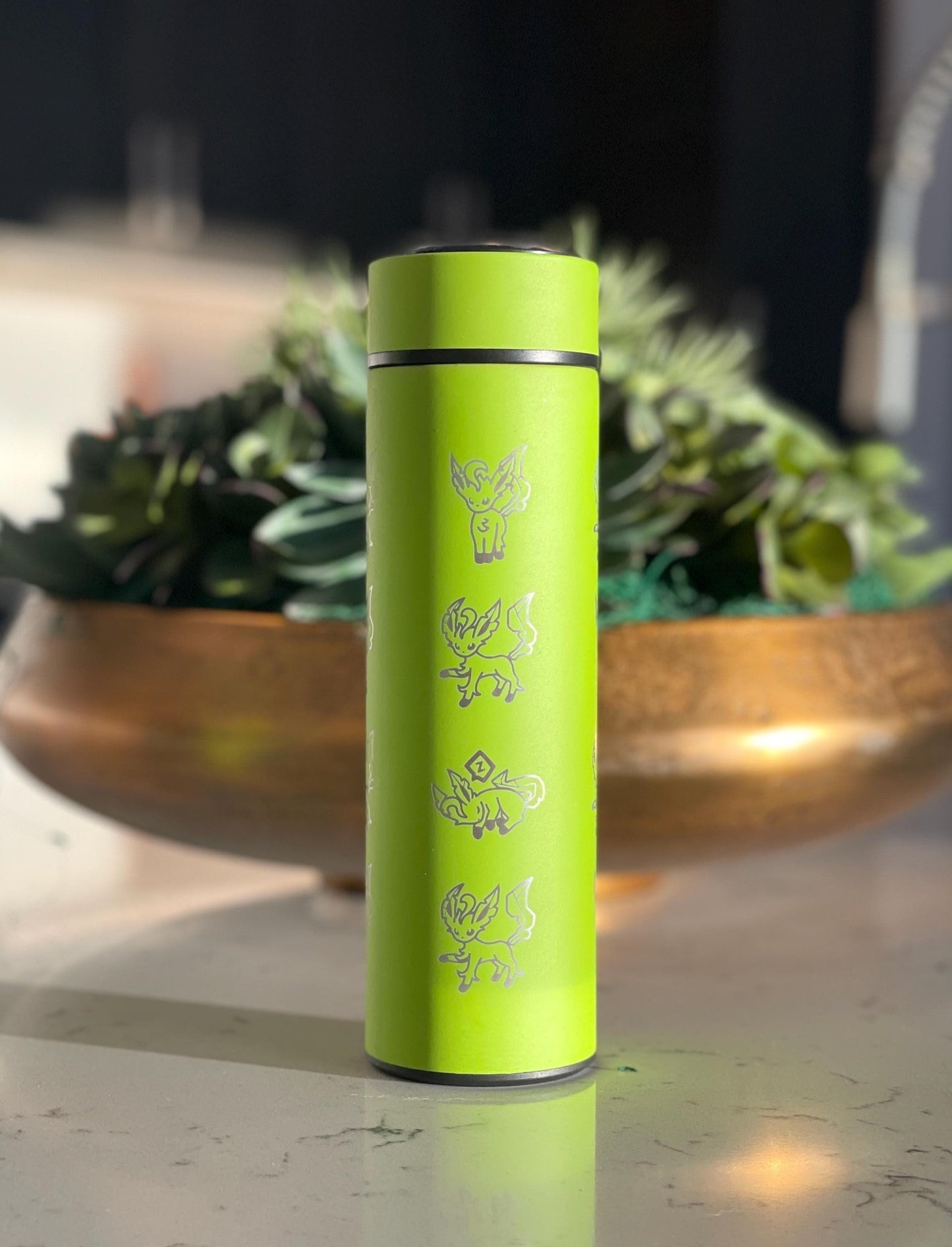 Leafeon Coffee Tumbler Tea Infuser with Razor Leaf & Flower Crown Costume Waterbottle, Glaceon Eeveelution Anime Fan Birthday Thermos Gift