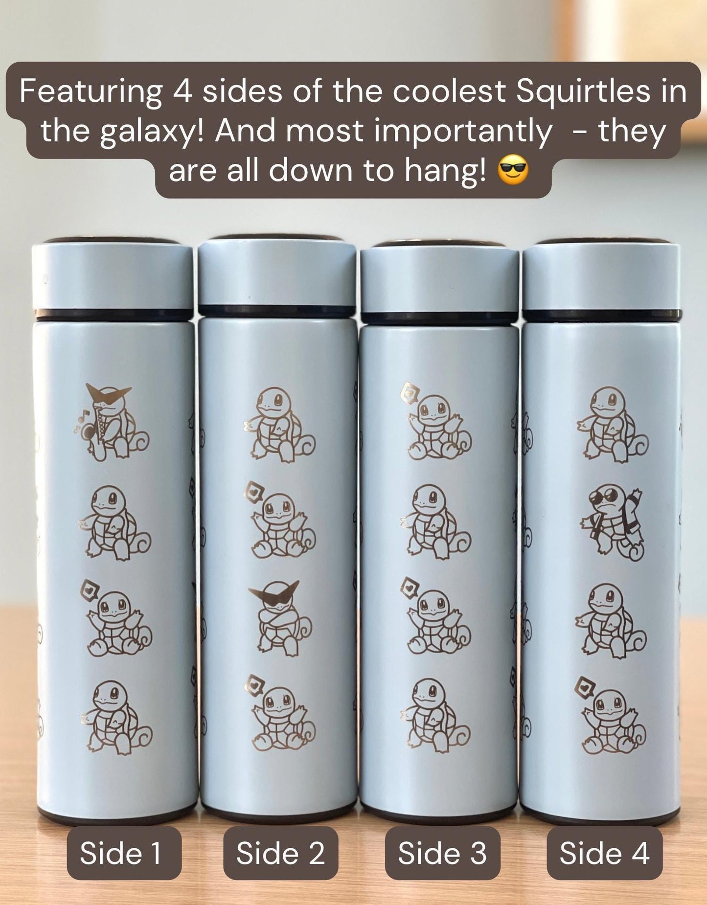 Squirtle Squad Coffee Tumbler with Tea Infuser, Glasses Sunglasses Saxophone Squirtle, Engraved Waterbottle Water Starter Travel Mug Gift