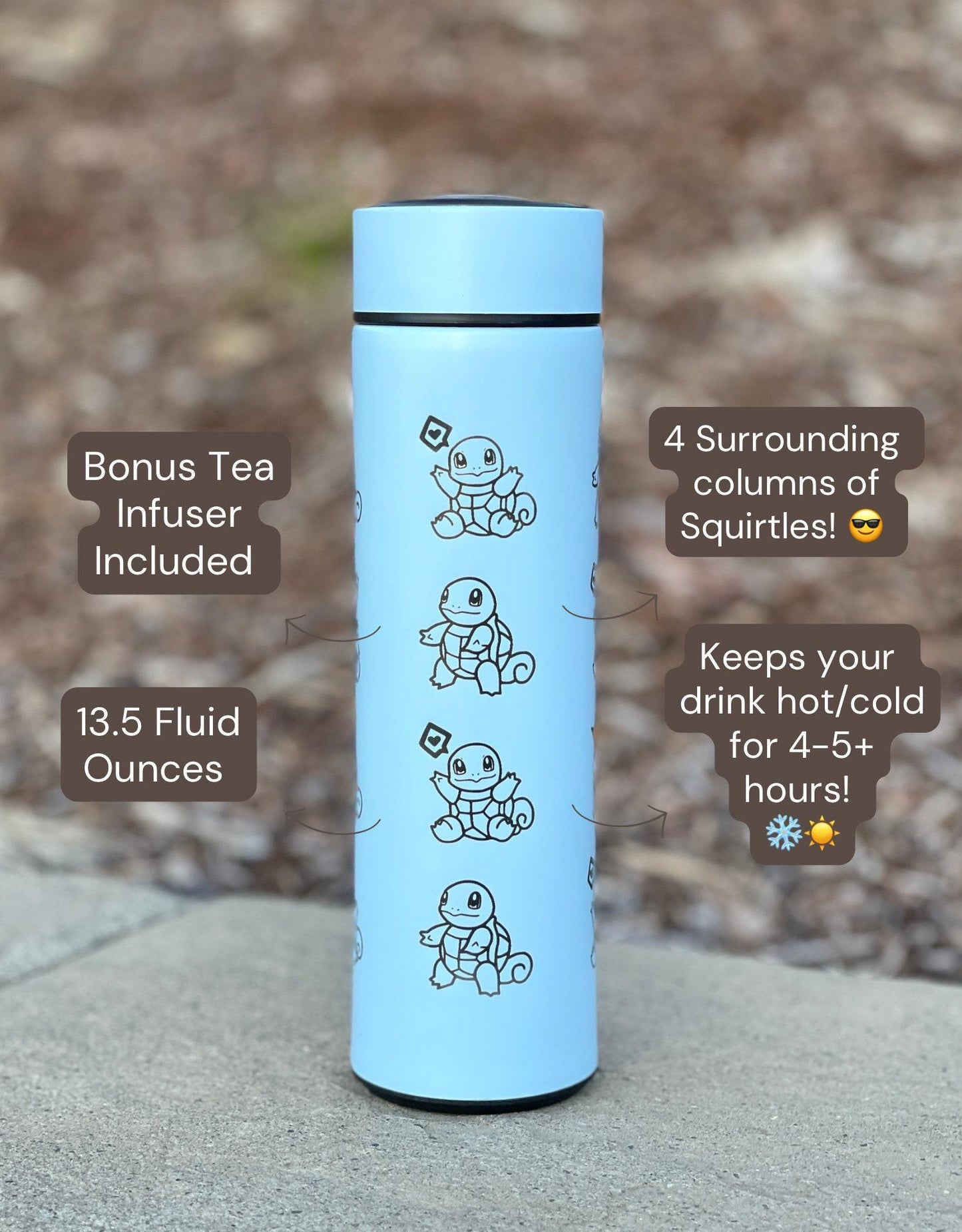 Squirtle Squad Coffee Tumbler with Tea Infuser, Glasses Sunglasses Saxophone Squirtle, Engraved Waterbottle Water Starter Travel Mug Gift