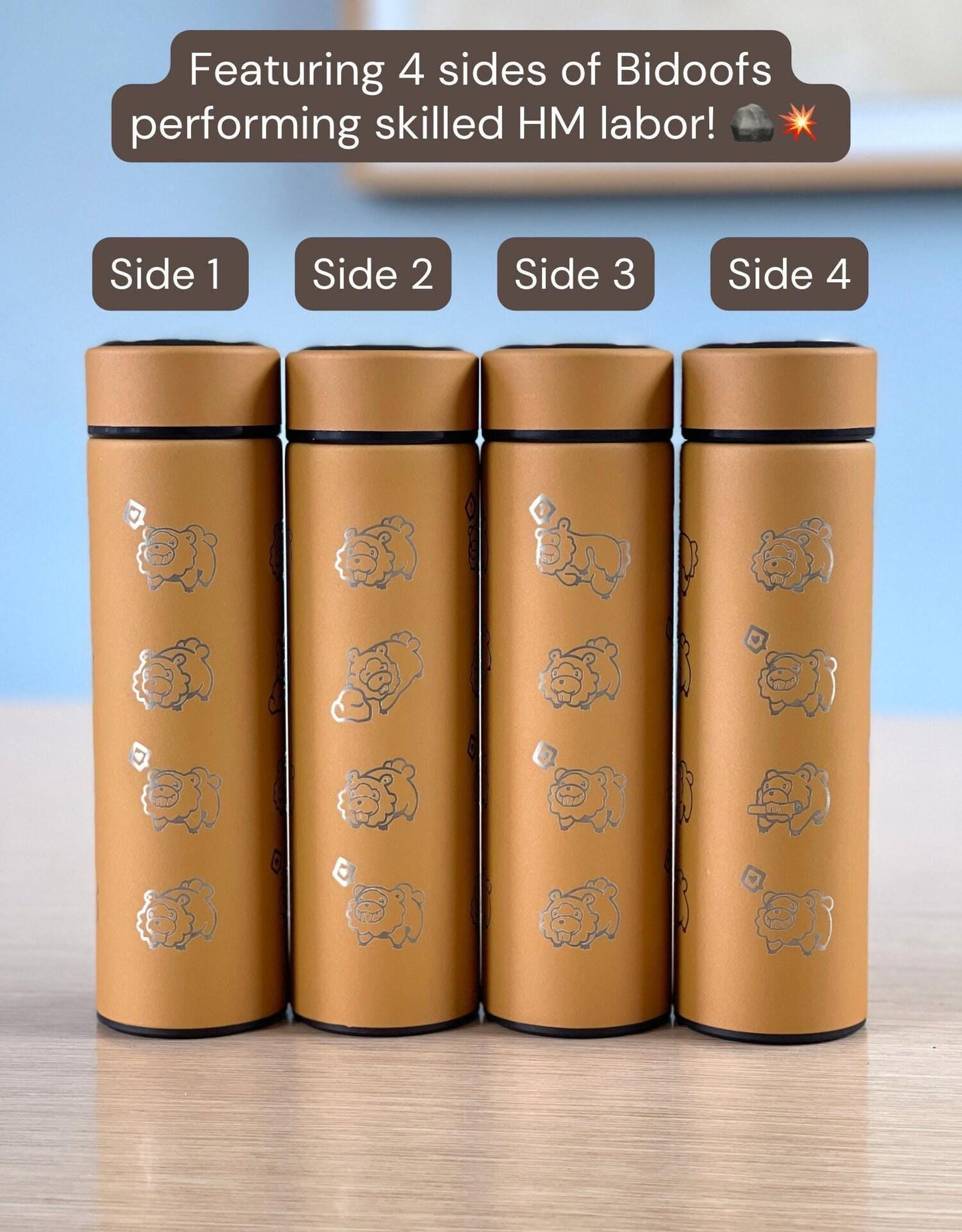 Shiny Bidoof Coffee Tumbler with Tea Infuser, HM Slave Cut Rock Smash, Waterbottle Meme Funny Travel Cup Mug Gift