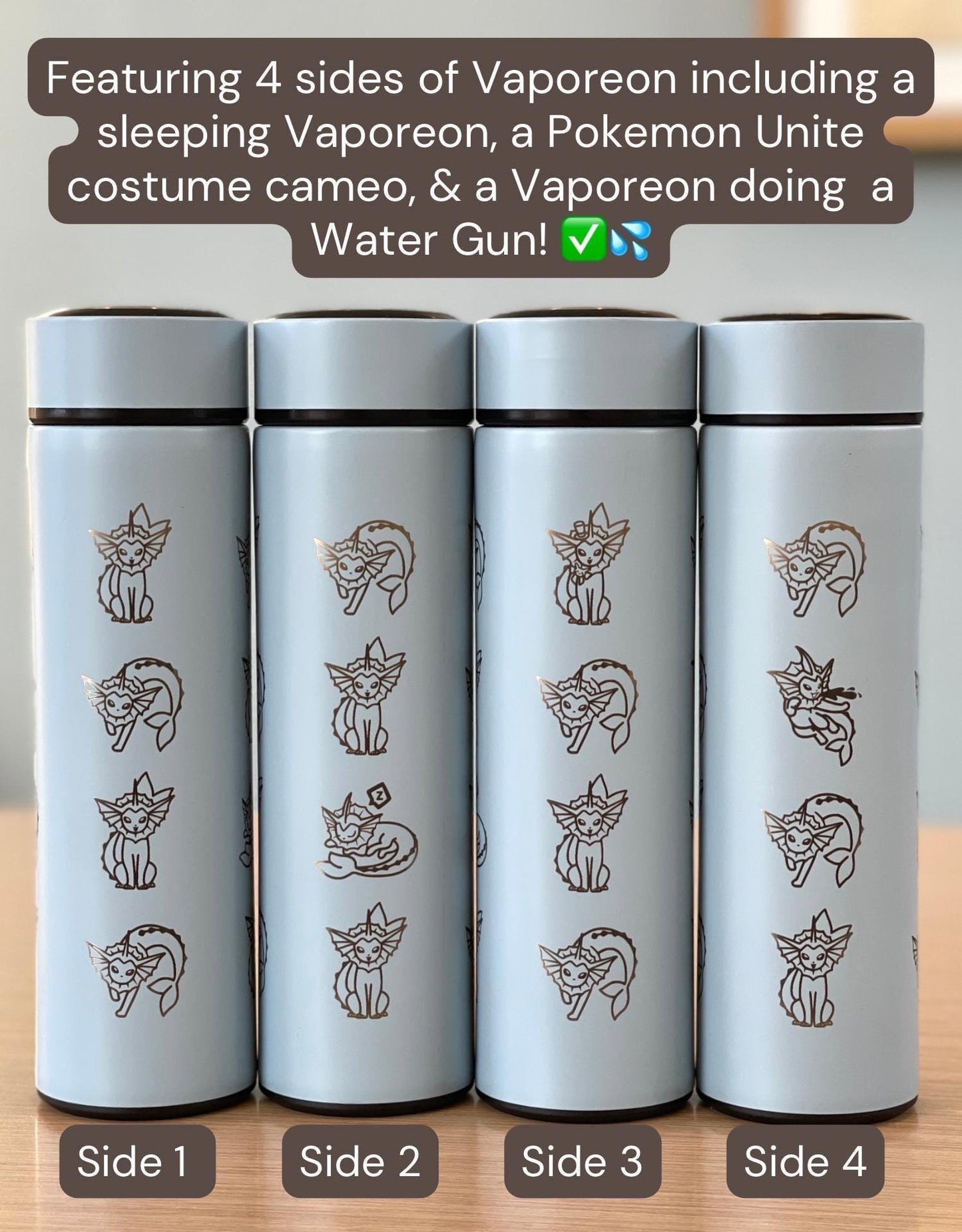 Vaporeon Coffee Tumbler with Tea Infuser, Vaporeon Water Gun & Cafe Top Hat Engraved Waterbottle, Eeveelution Anime Fan Birthday Gift