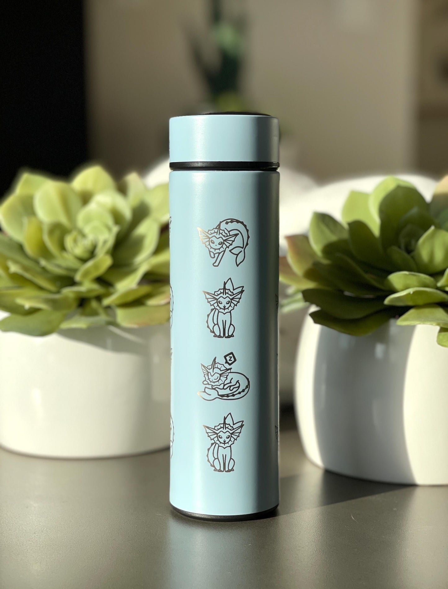 Vaporeon Coffee Tumbler with Tea Infuser, Vaporeon Water Gun & Cafe Top Hat Engraved Waterbottle, Eeveelution Anime Fan Birthday Gift