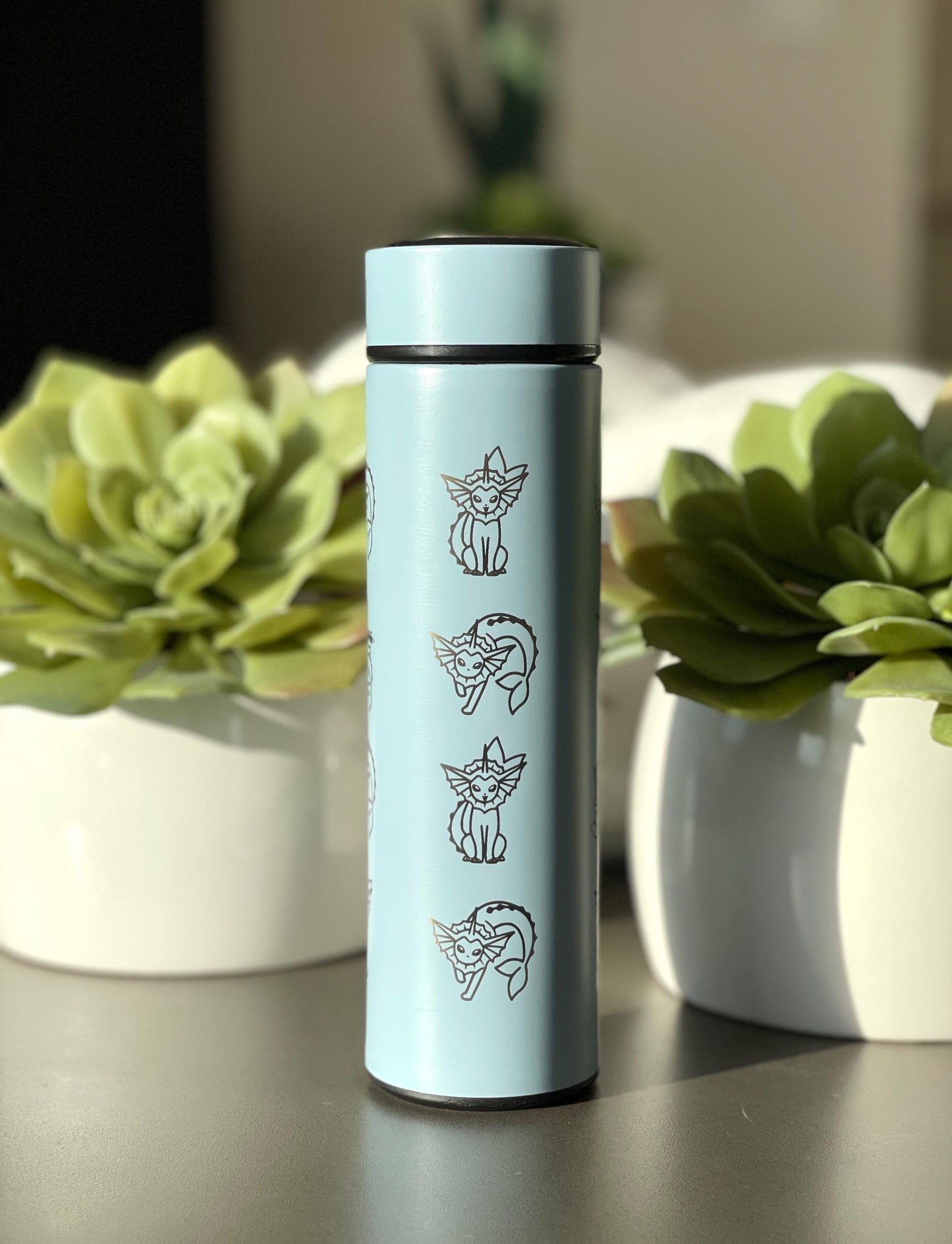Vaporeon Coffee Tumbler with Tea Infuser, Vaporeon Water Gun & Cafe Top Hat Engraved Waterbottle, Eeveelution Anime Fan Birthday Gift
