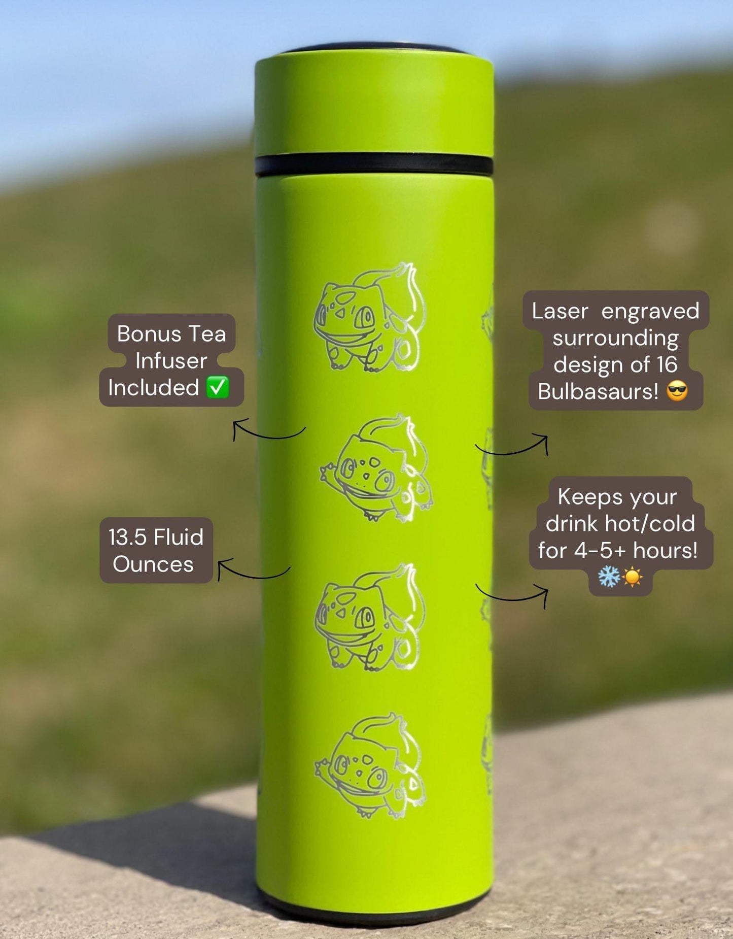 Bulbasaur Coffee Tumbler with Tea Infuser, Kanto Grass Starter Travel Cup Mug, Anime Gamer Fan Birthday Water Bottle Gift