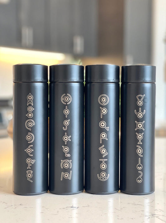 Unown Coffee Tumbler, Engraved “Unown Alphabet” Waterbottle with Tea Infuser, Unknown Anime Fan Travel Mug Cup Water Bottle Flask Gift