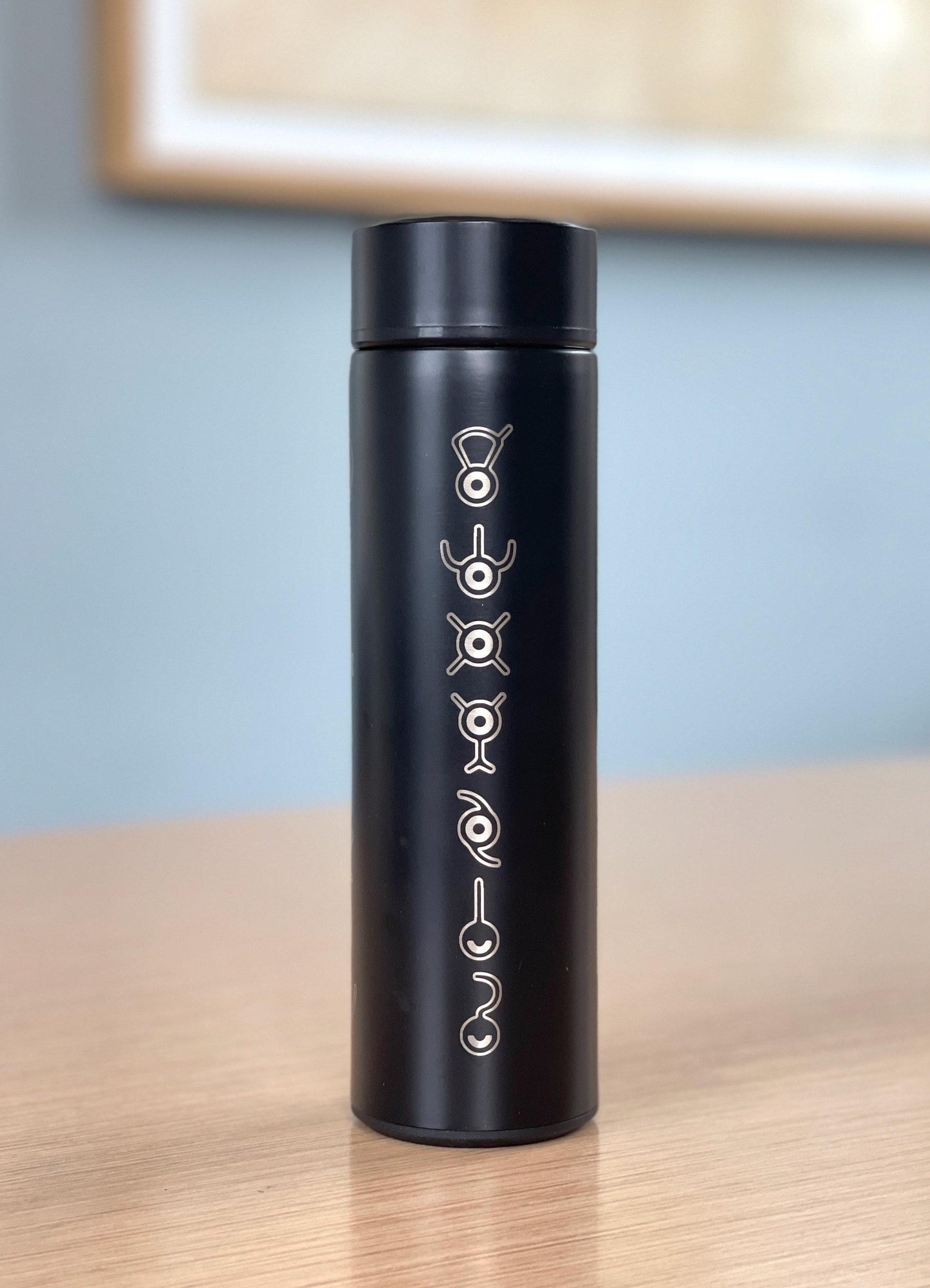 Unown Coffee Tumbler, Engraved “Unown Alphabet” Waterbottle with Tea Infuser, Unknown Anime Fan Travel Mug Cup Water Bottle Flask Gift