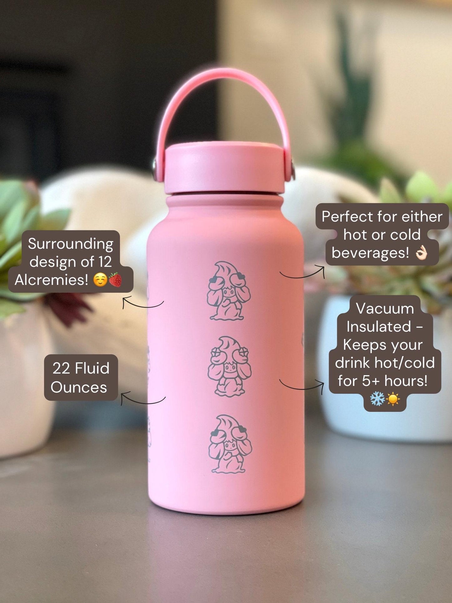 Alcremie Water Bottle, Engraved Coffee Tumbler with Strawberry Berry Love Flower Sweet Forms Waterbottle Travel Mug, Anime Birthday Gift