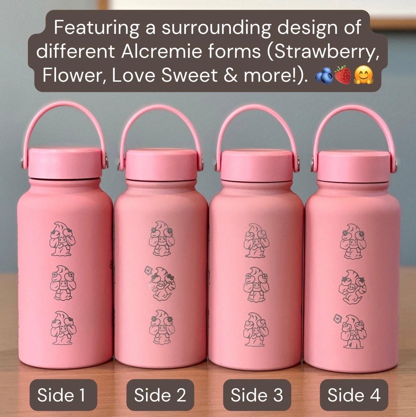 Alcremie Water Bottle, Engraved Coffee Tumbler with Strawberry Berry Love Flower Sweet Forms Waterbottle Travel Mug, Anime Birthday Gift