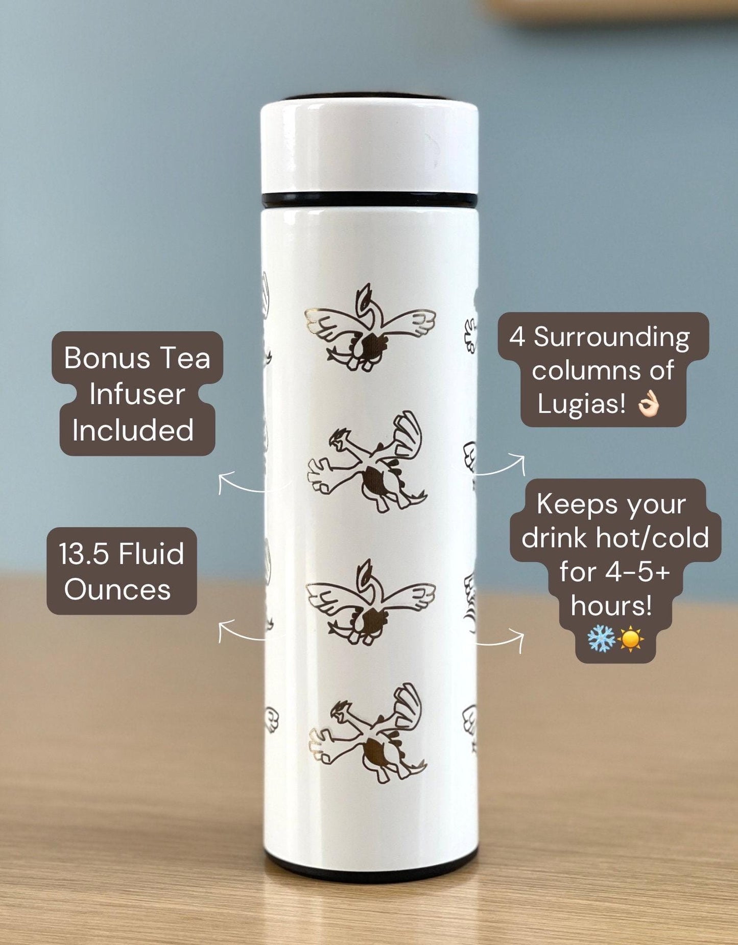 Lugia Coffee Tumbler Engraved Waterbottle with Tea Infuser, Aeroblast Move, Johto Legendary Pokemon Gale of Darkness Travel Mug Cup Gift
