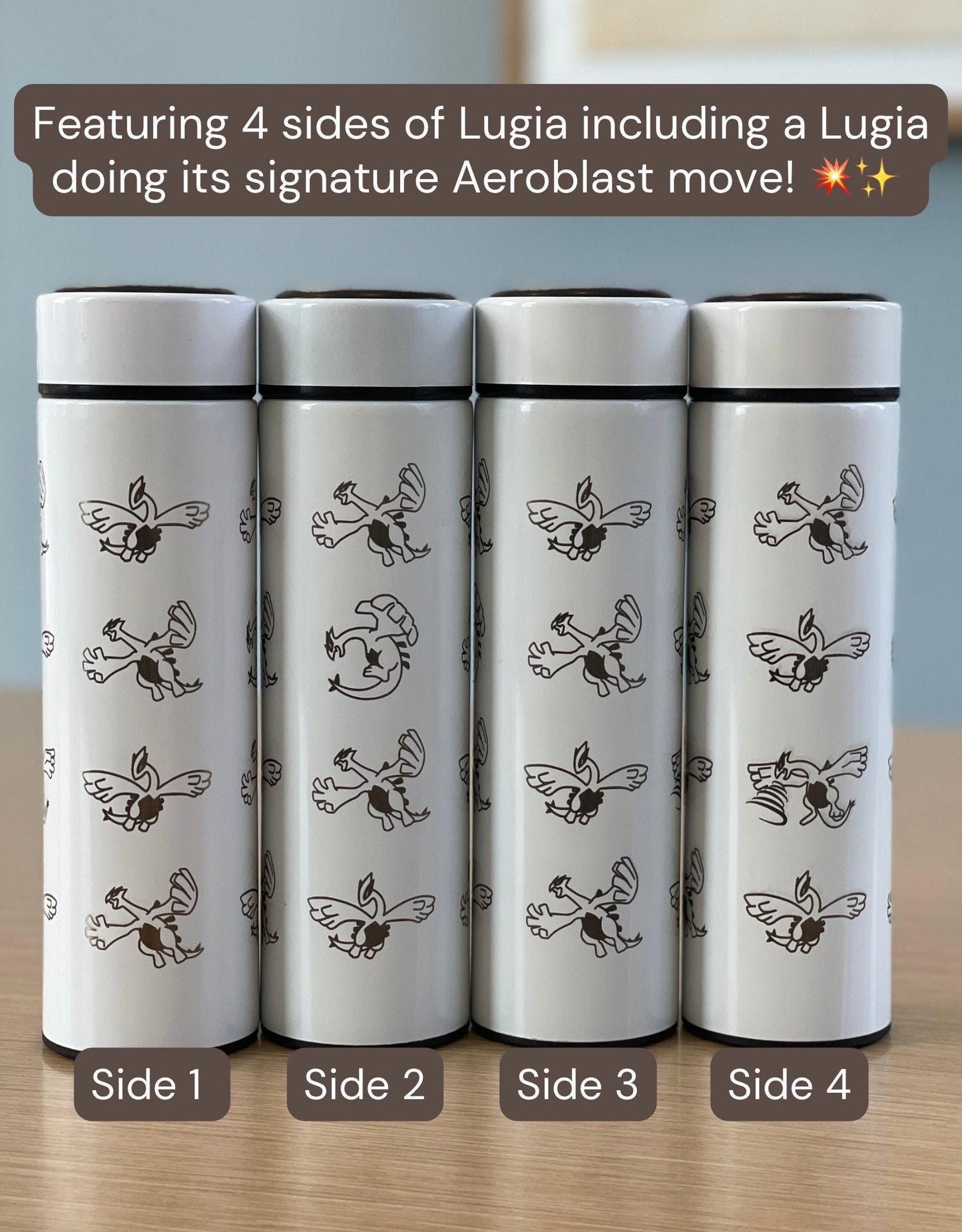 Lugia Coffee Tumbler Engraved Waterbottle with Tea Infuser, Aeroblast Move, Johto Legendary Pokemon Gale of Darkness Travel Mug Cup Gift