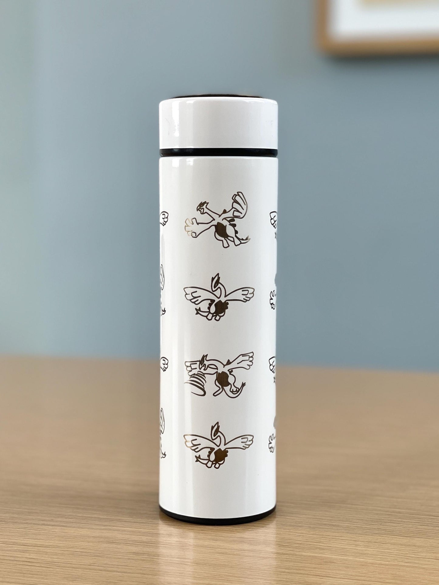 Lugia Coffee Tumbler Engraved Waterbottle with Tea Infuser, Aeroblast Move, Johto Legendary Pokemon Gale of Darkness Travel Mug Cup Gift