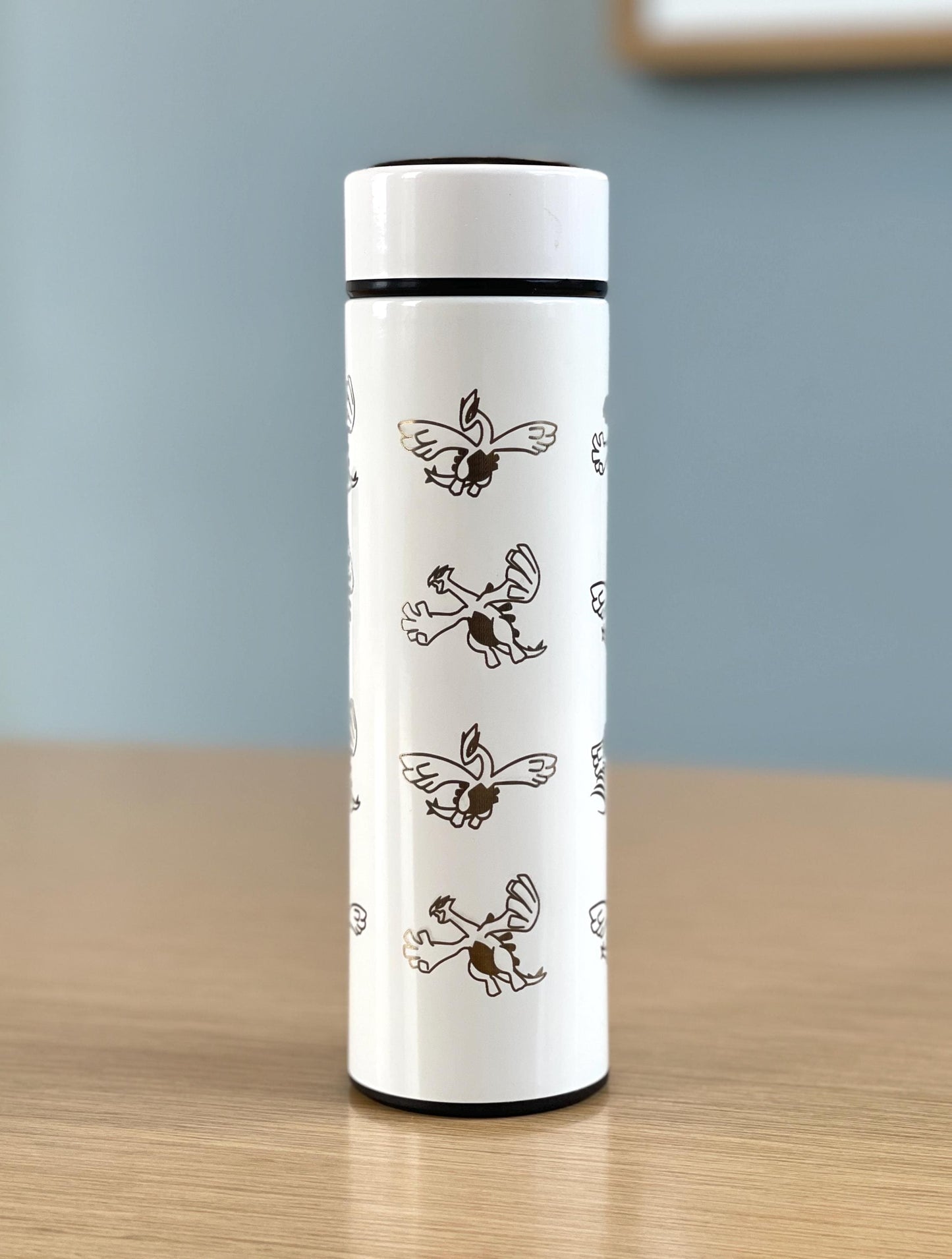 Lugia Coffee Tumbler Engraved Waterbottle with Tea Infuser, Aeroblast Move, Johto Legendary Pokemon Gale of Darkness Travel Mug Cup Gift