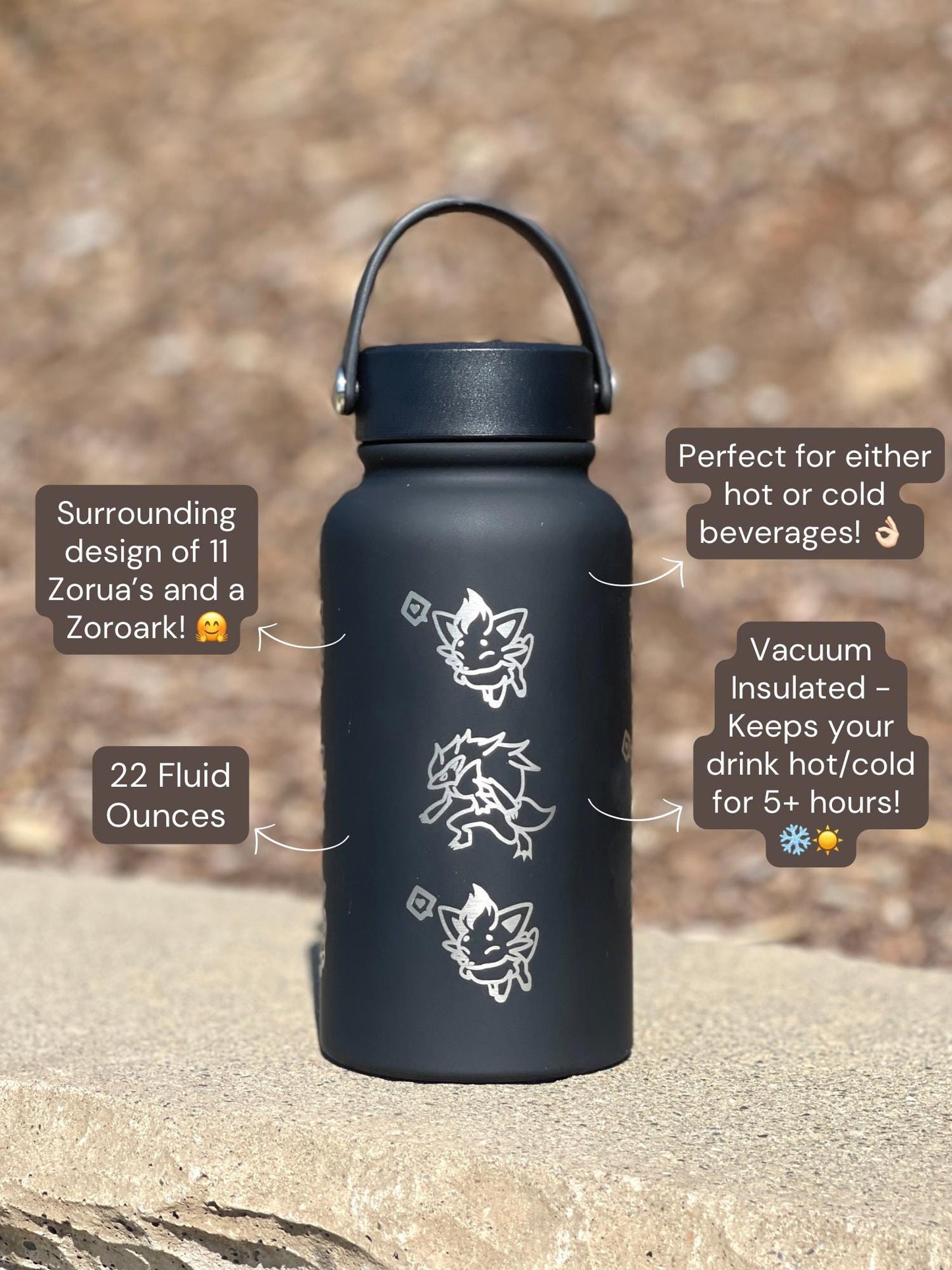 Zorua Zoroark Water Bottle Engraved Coffee Tumbler with Sleeping Zorua, Waterbottle Travel Mug Thermos, Anime Fan Anniversary Birthday Gift