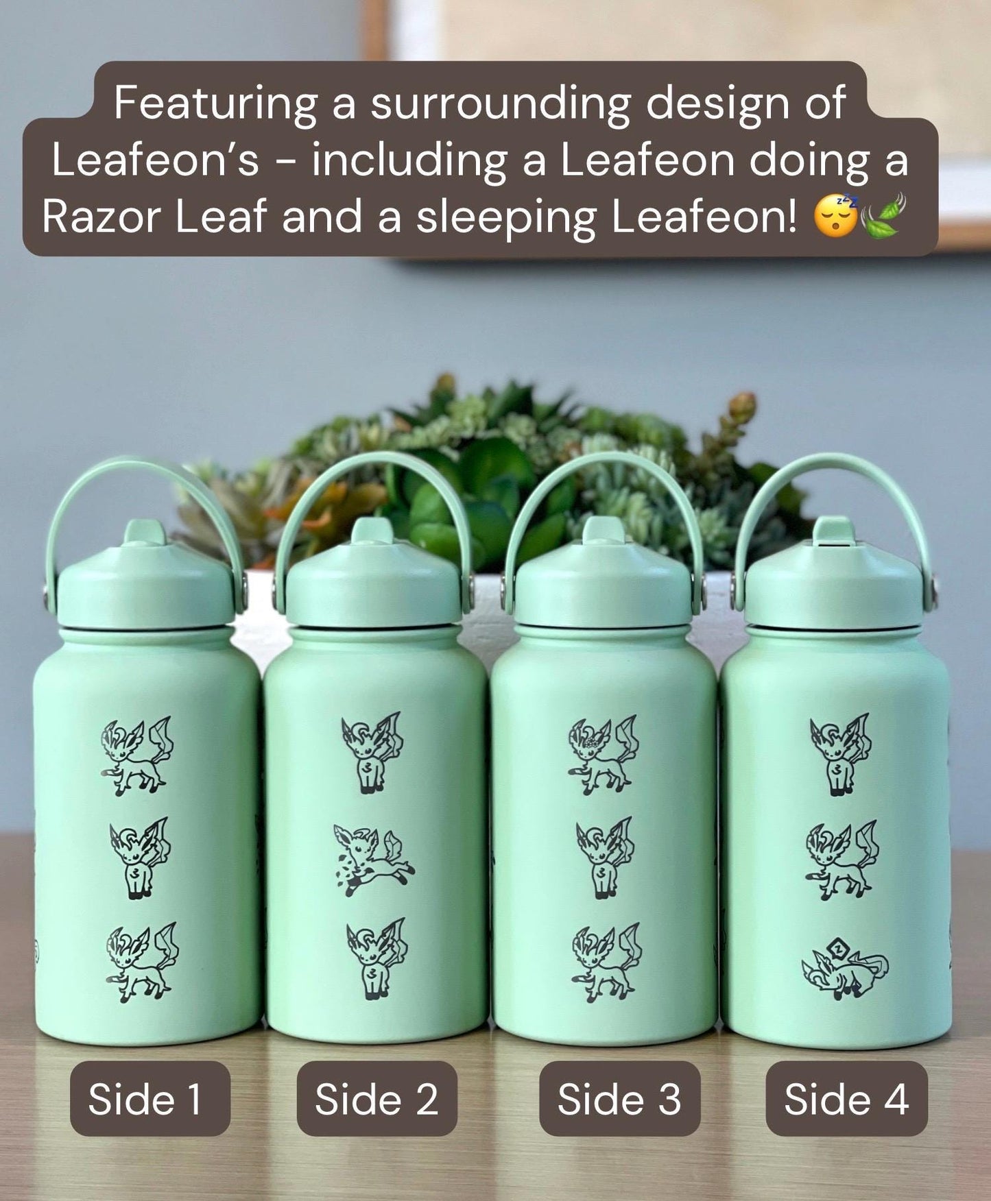Leafeon Water Bottle Engraved Coffee Tumbler Razor Leaf & Flower Crown Costume Waterbottle, Eeveelution Anime Fan Birthday Thermos Gift