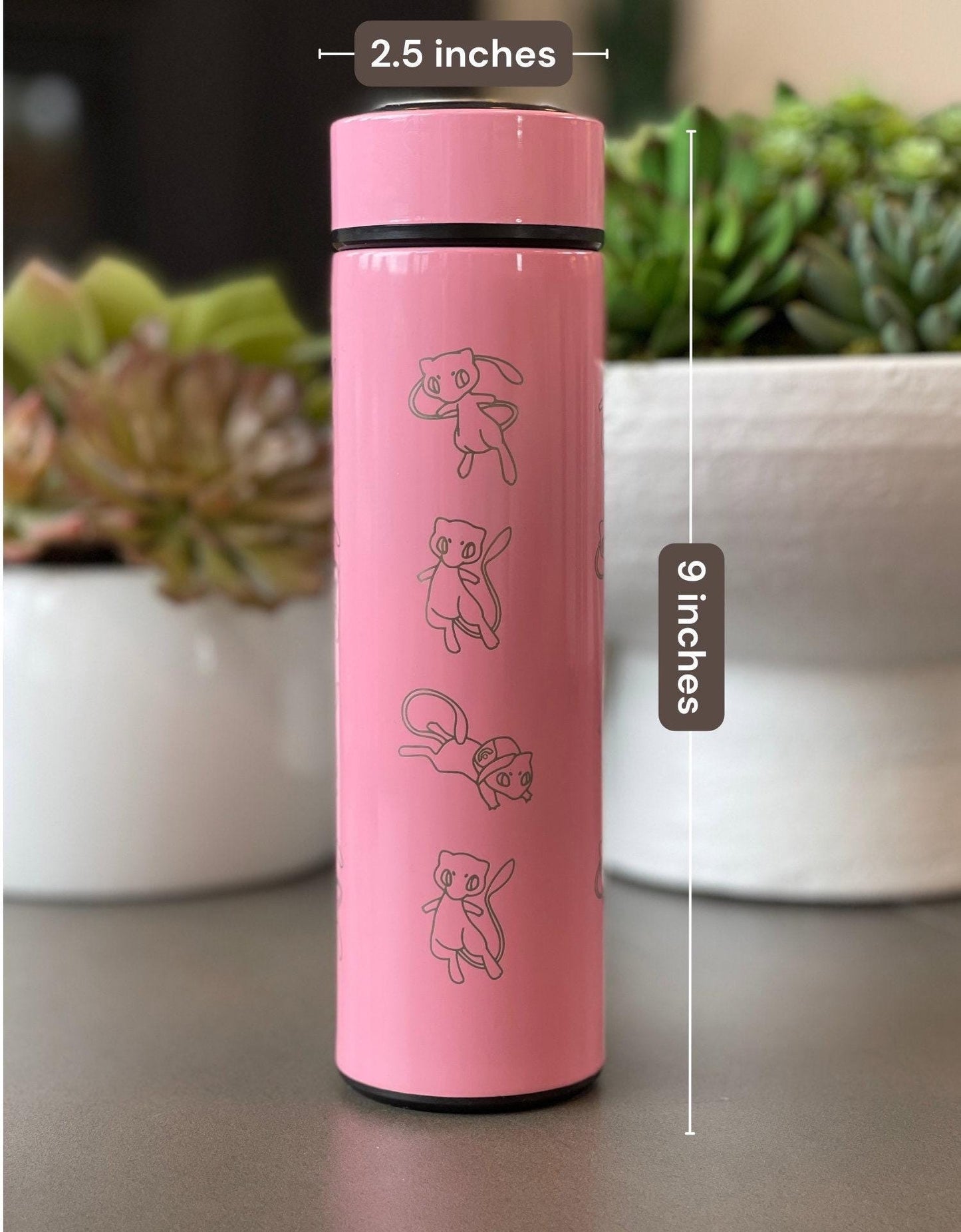 Mew Coffee Tumbler with Ash Ketchum’s Hat, Shiny Mew Water Bottle with Tea Infuser, Psychic Mythical Travel Mug Flask Gift