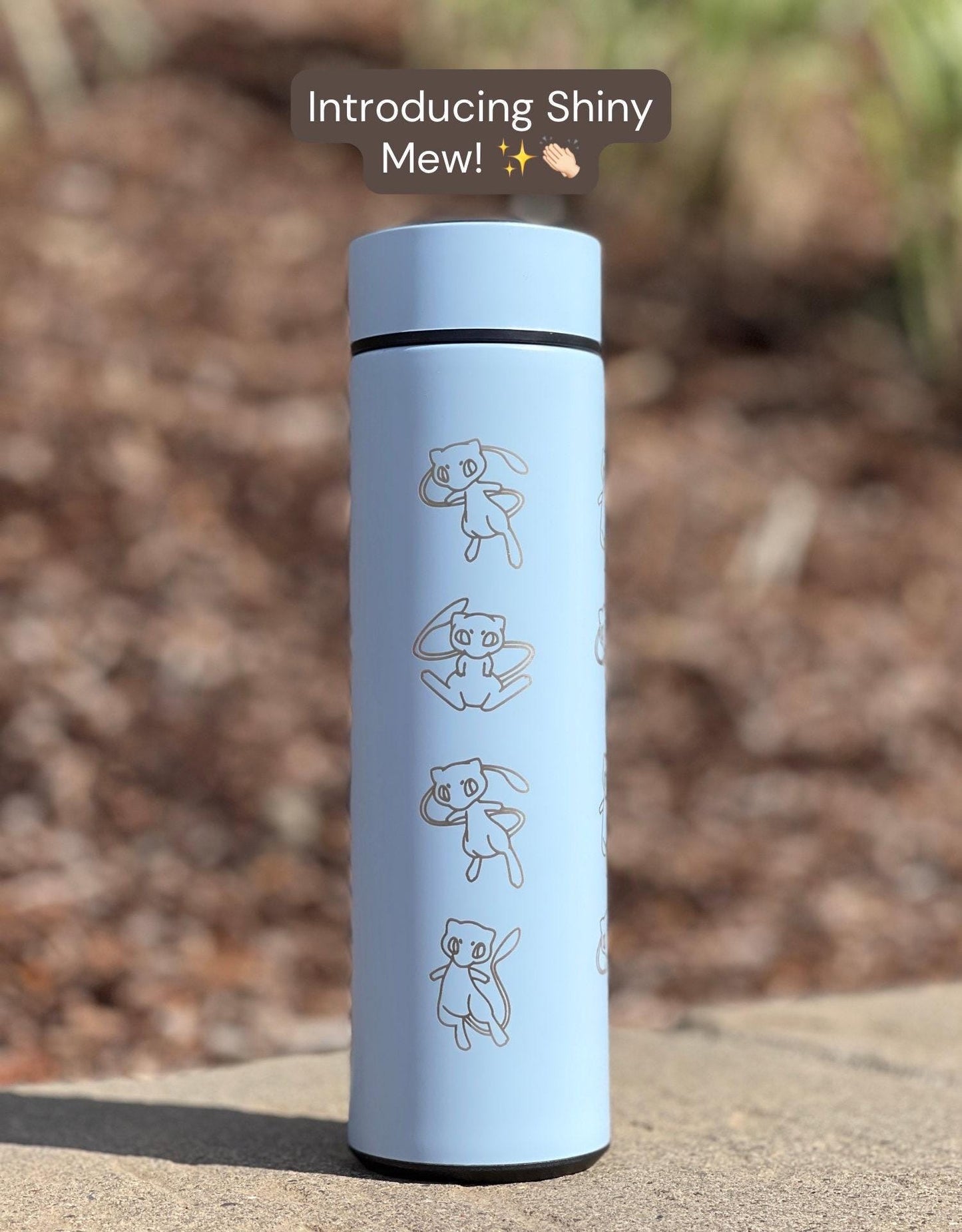 Mew Coffee Tumbler with Ash Ketchum’s Hat, Shiny Mew Water Bottle with Tea Infuser, Psychic Mythical Travel Mug Flask Gift