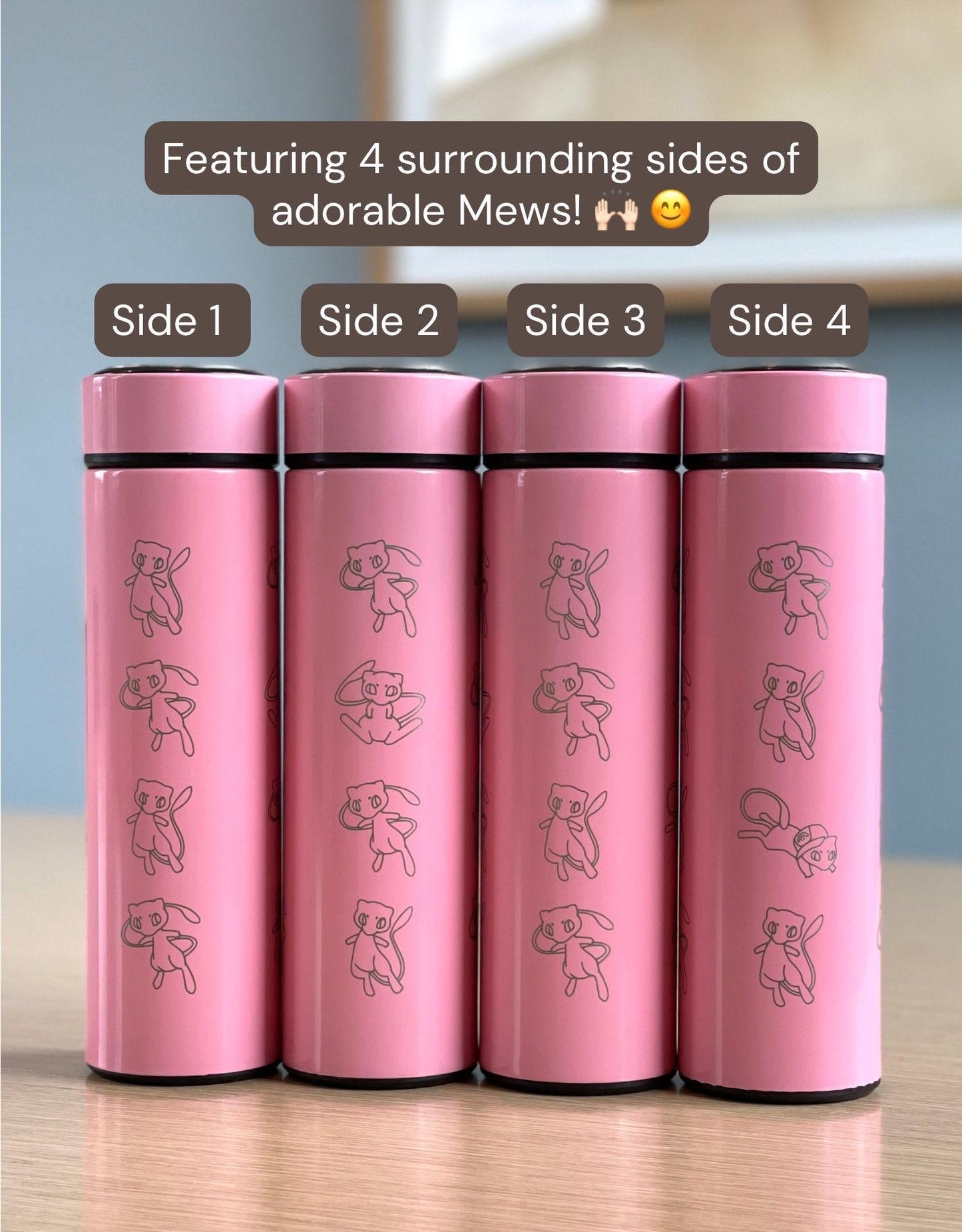 Mew Coffee Tumbler with Ash Ketchum’s Hat, Shiny Mew Water Bottle with Tea Infuser, Psychic Mythical Travel Mug Flask Gift