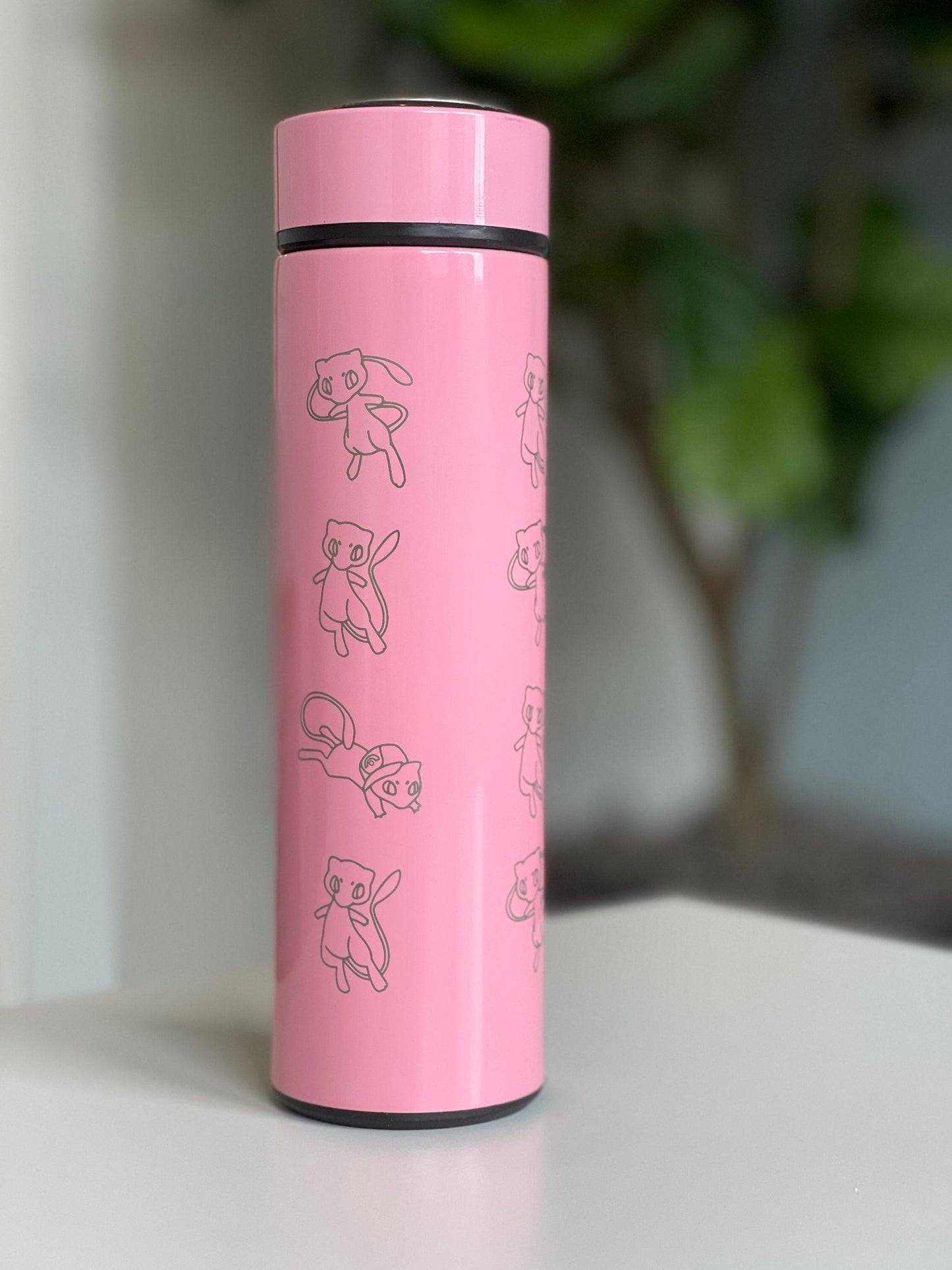 Mew Coffee Tumbler with Ash Ketchum’s Hat, Shiny Mew Water Bottle with Tea Infuser, Psychic Mythical Travel Mug Flask Gift