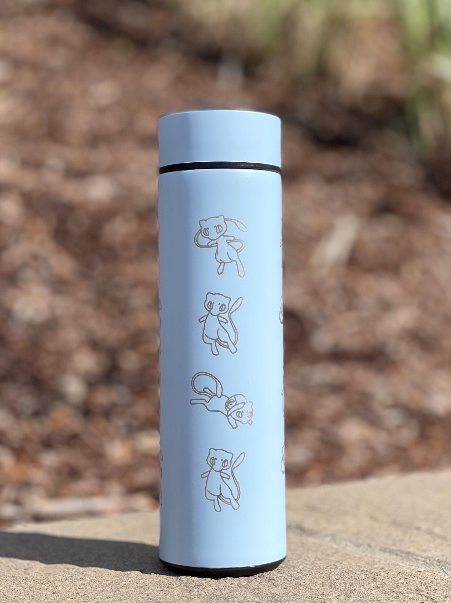 Mew Coffee Tumbler with Ash Ketchum’s Hat, Shiny Mew Water Bottle with Tea Infuser, Psychic Mythical Travel Mug Flask Gift