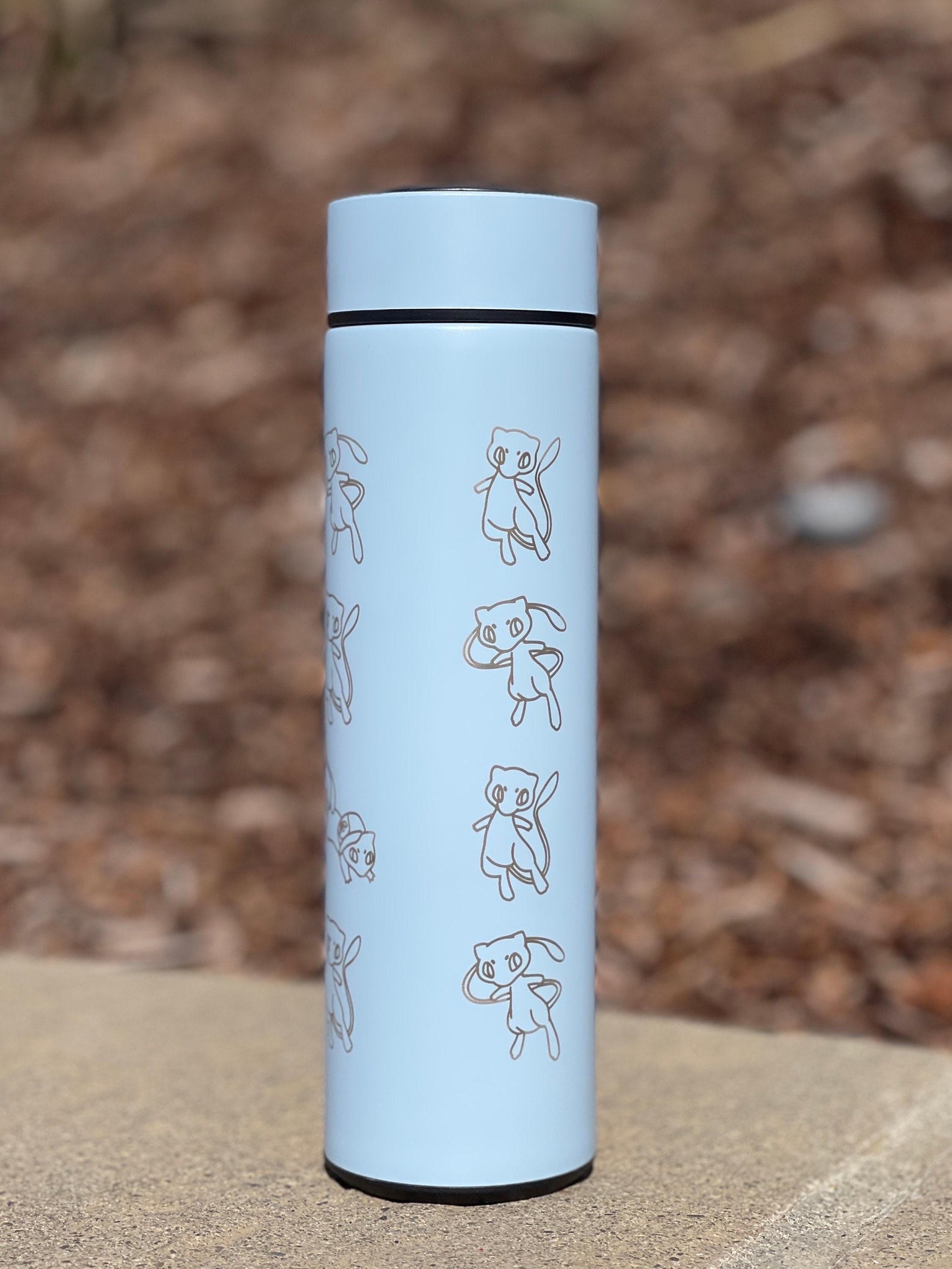 Mew Coffee Tumbler with Ash Ketchum’s Hat, Shiny Mew Water Bottle with Tea Infuser, Psychic Mythical Travel Mug Flask Gift