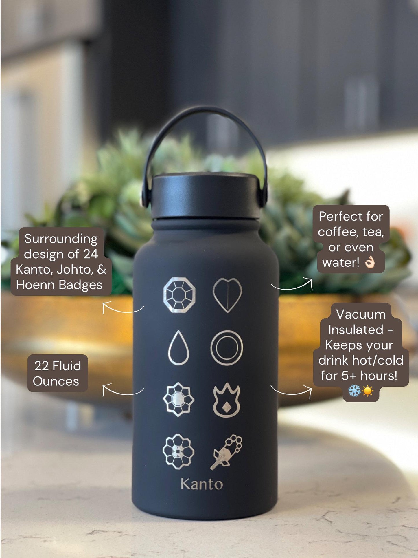 Kanto Johto Hoenn Gym Badges Water Bottle Engraved Coffee Tea Tumbler Travel Cup Waterbottle, Gamer Anime Anniversary Birthday Gift