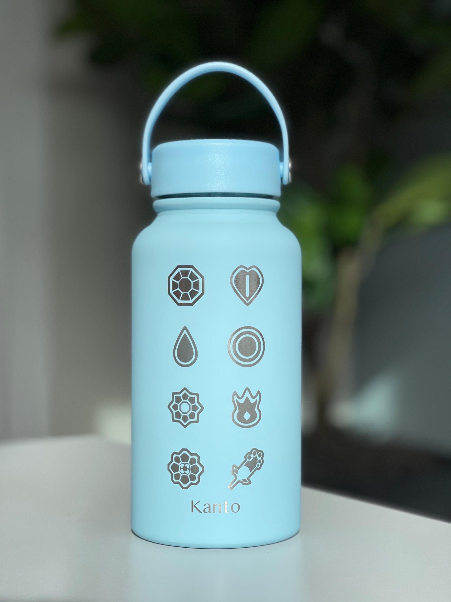 Kanto Johto Hoenn Gym Badges Water Bottle Engraved Coffee Tea Tumbler Travel Cup Waterbottle, Gamer Anime Anniversary Birthday Gift