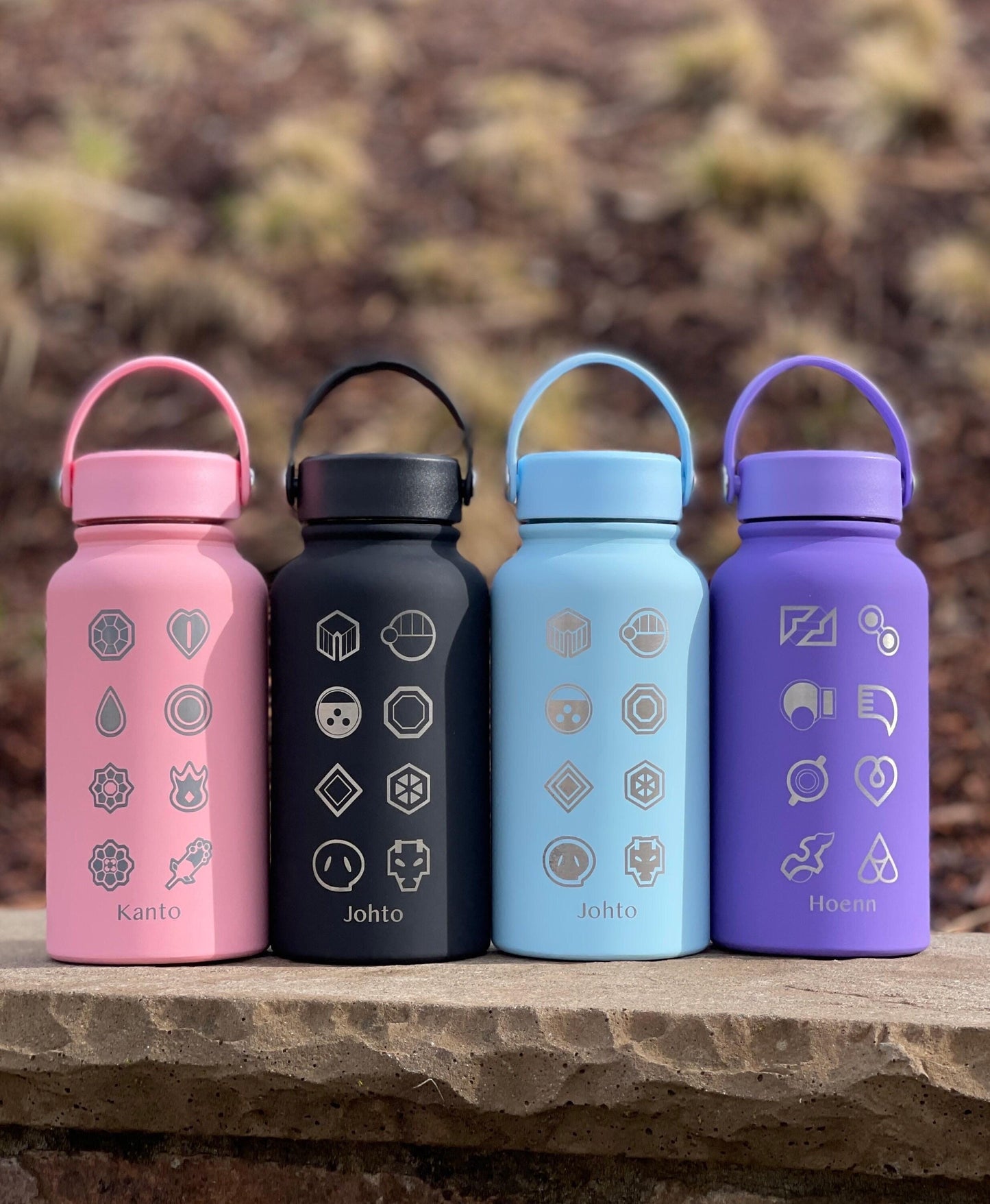 Kanto Johto Hoenn Gym Badges Water Bottle Engraved Coffee Tea Tumbler Travel Cup Waterbottle, Gamer Anime Anniversary Birthday Gift