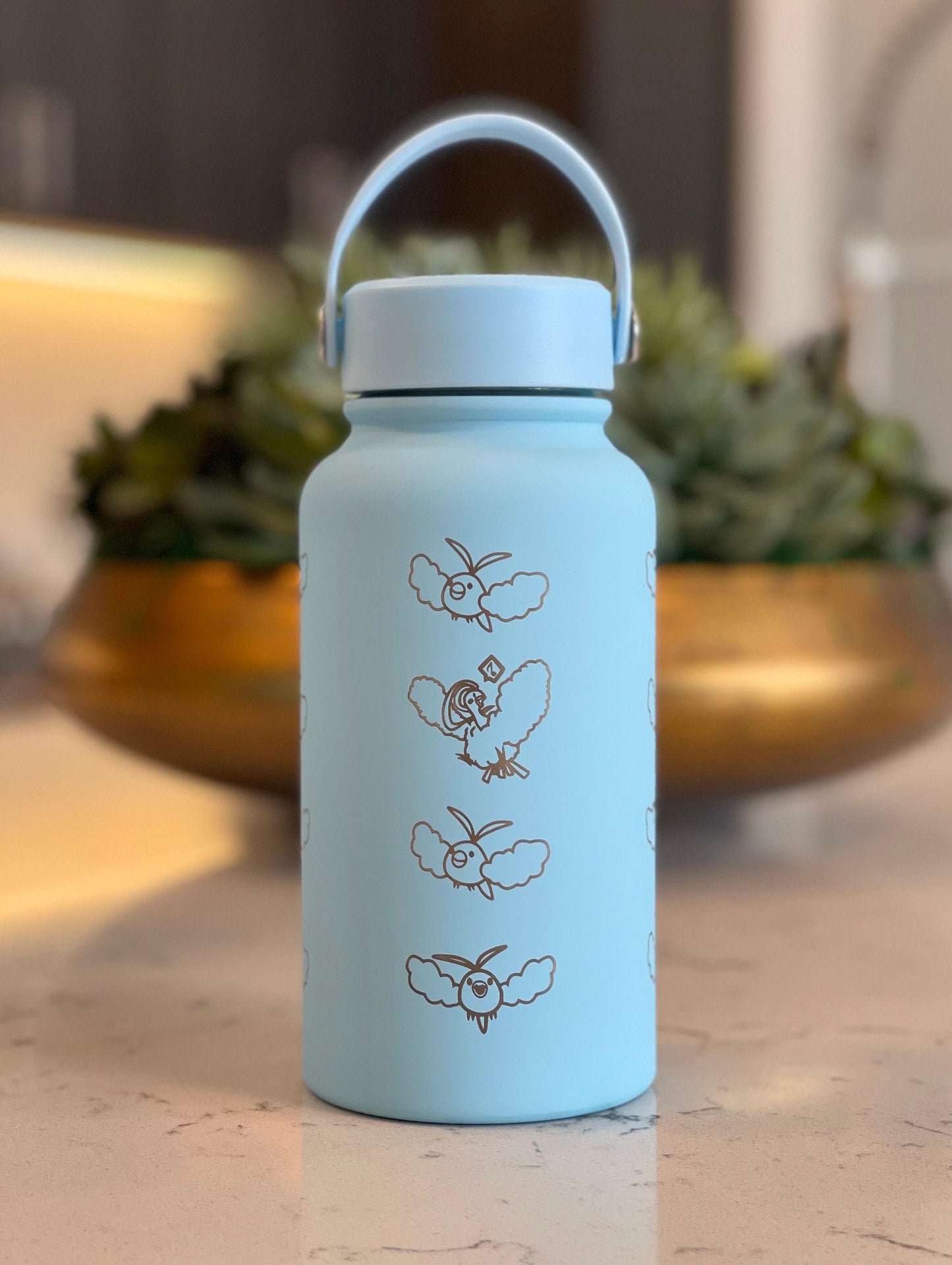 Swablu Altaria Waterbottle Engraved Coffee Tumbler with Sleeping Swablu, Flask Tea Travel Mug Cup Water Bottle, Hoenn Birthday Gamer Gift
