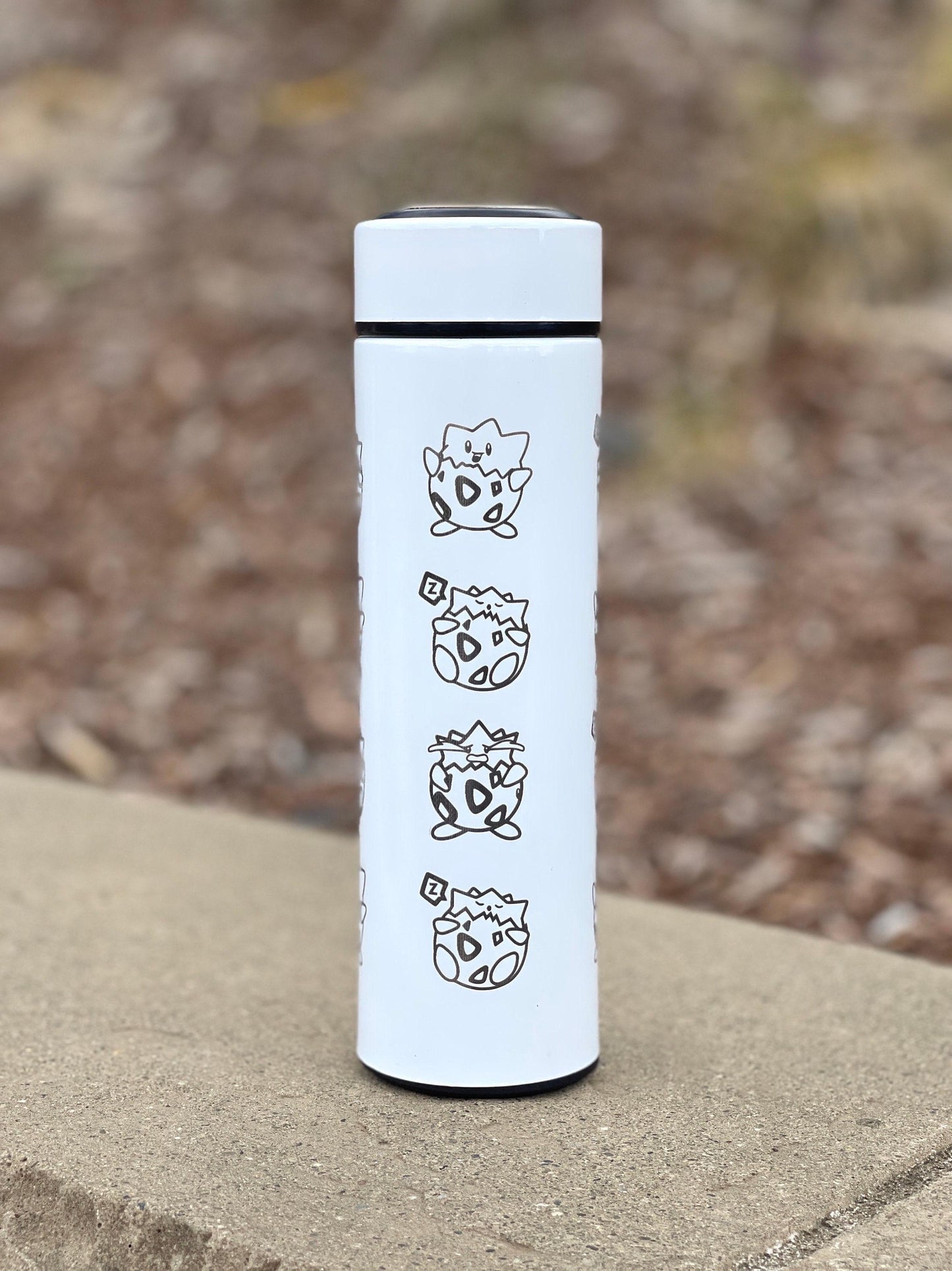 Togepi Engraved Coffee Tumbler with Tea Infuser, Crying & Angry Togepi with Banana, Funny Cute Anime Waterbottle Travel Mug Gift