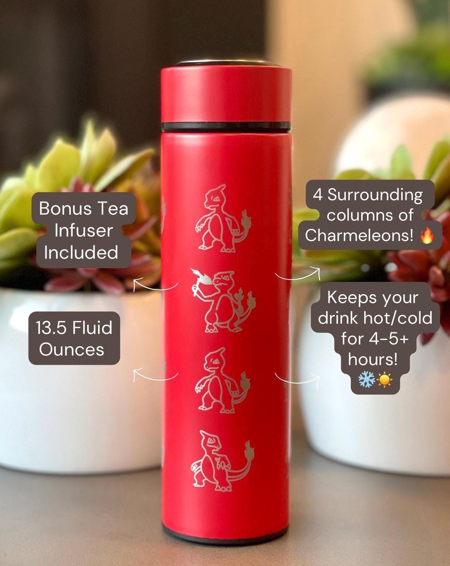 Charmeleon Coffee Tumbler Waterbottle Tea Infuser with Sleeping Charmeon Travel Mug Thermos, Charmander Evolution Anime Fan Birthday Gift