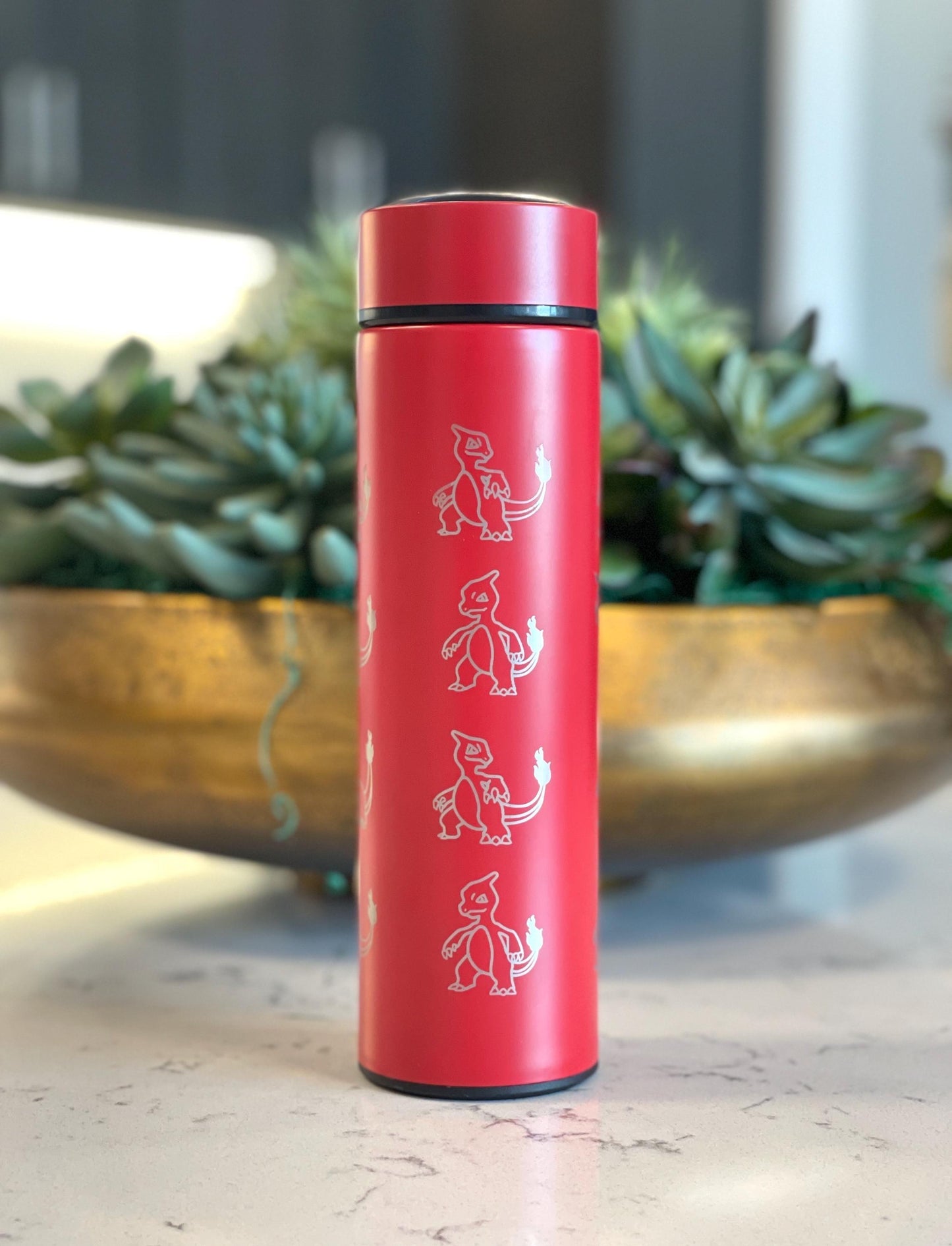 Charmeleon Coffee Tumbler Waterbottle Tea Infuser with Sleeping Charmeon Travel Mug Thermos, Charmander Evolution Anime Fan Birthday Gift
