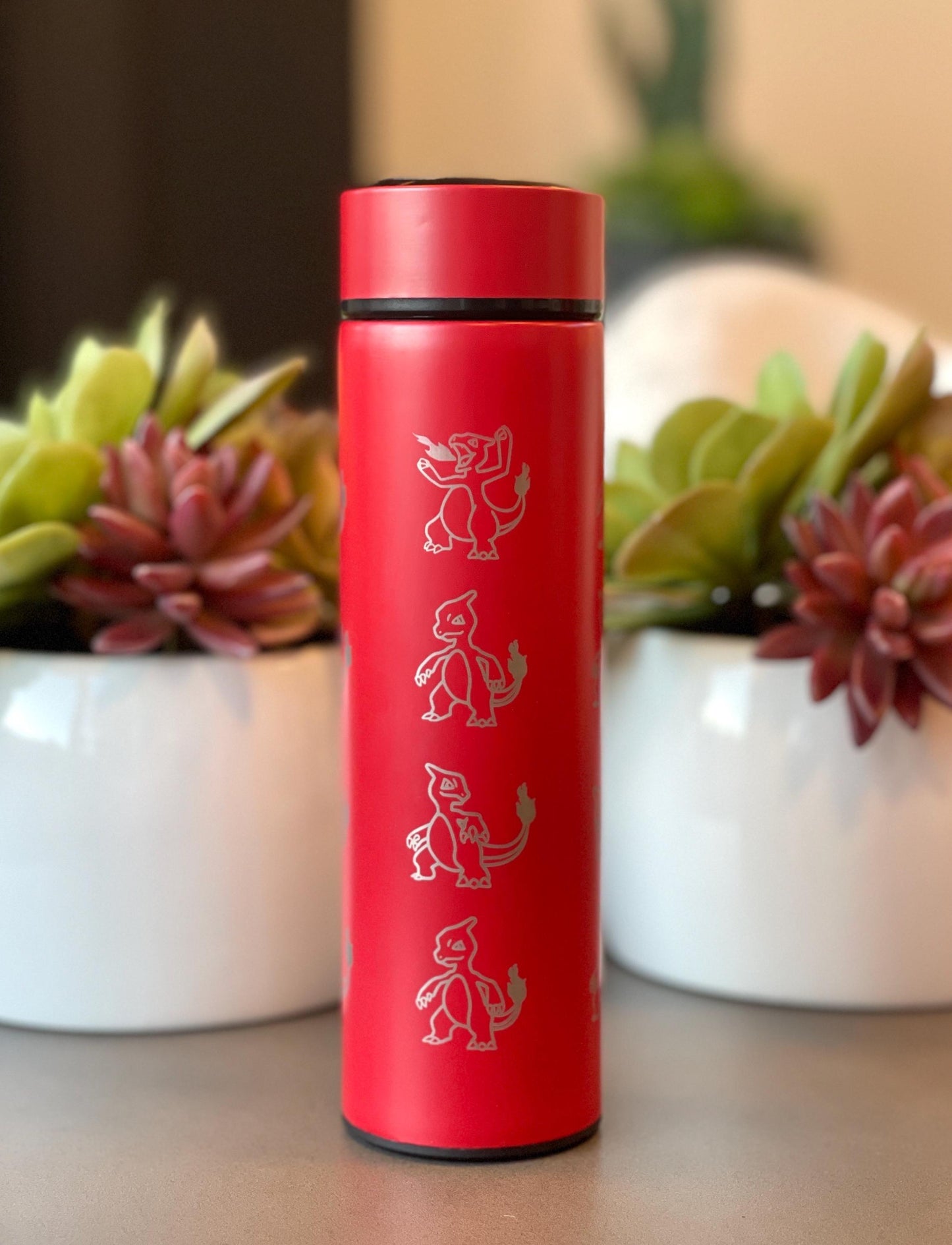 Charmeleon Coffee Tumbler Waterbottle Tea Infuser with Sleeping Charmeon Travel Mug Thermos, Charmander Evolution Anime Fan Birthday Gift