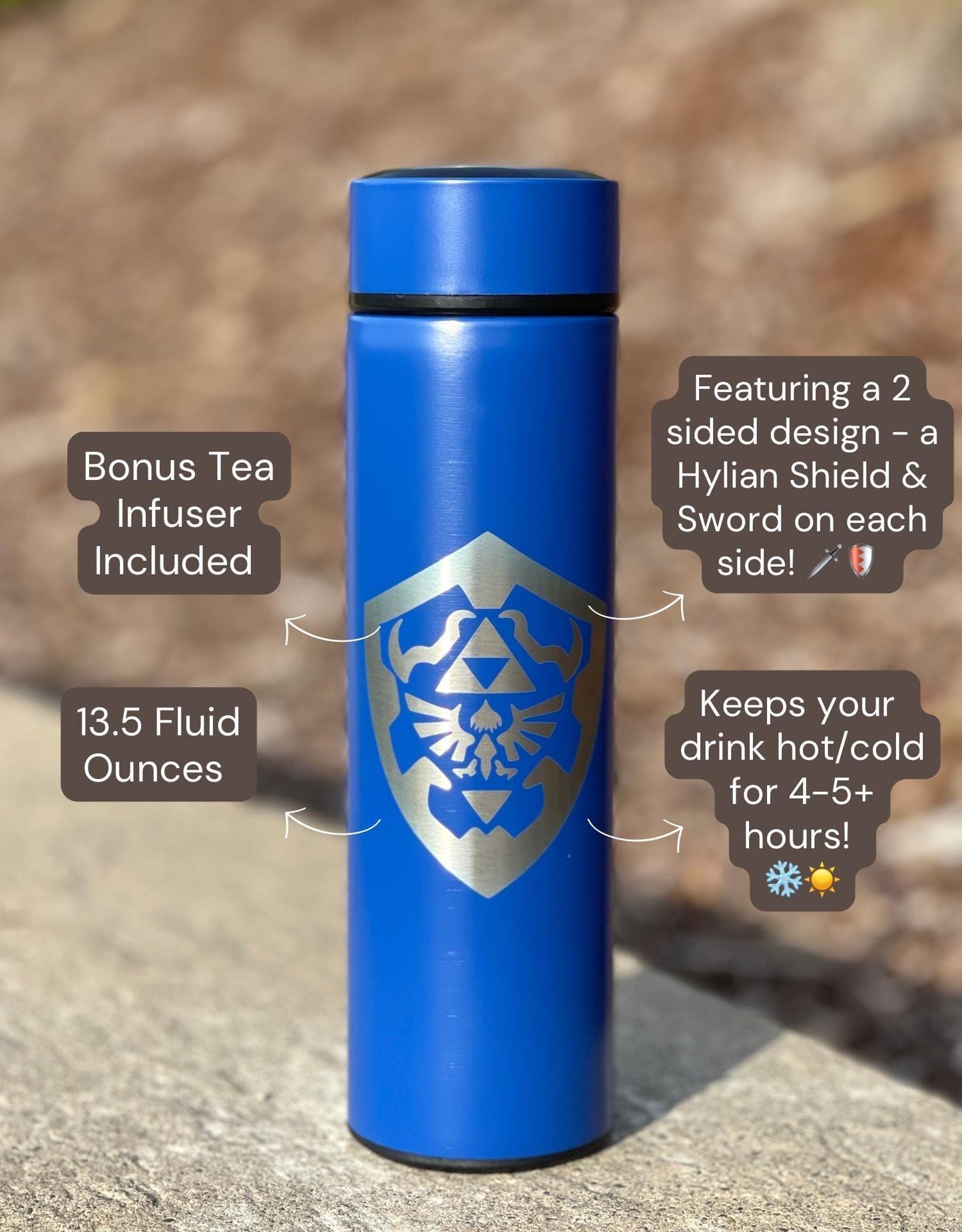 Zelda Hylian Shield + Sword Link Coffee Tumbler Tea Infuser, Tears of the Kingdom Water Bottle, Travel Mug Gamer Birthday Anniversary Gift