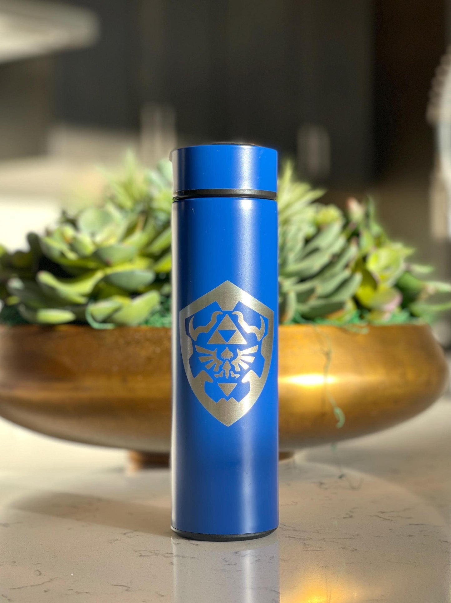 Zelda Hylian Shield + Sword Link Coffee Tumbler Tea Infuser, Tears of the Kingdom Water Bottle, Travel Mug Gamer Birthday Anniversary Gift