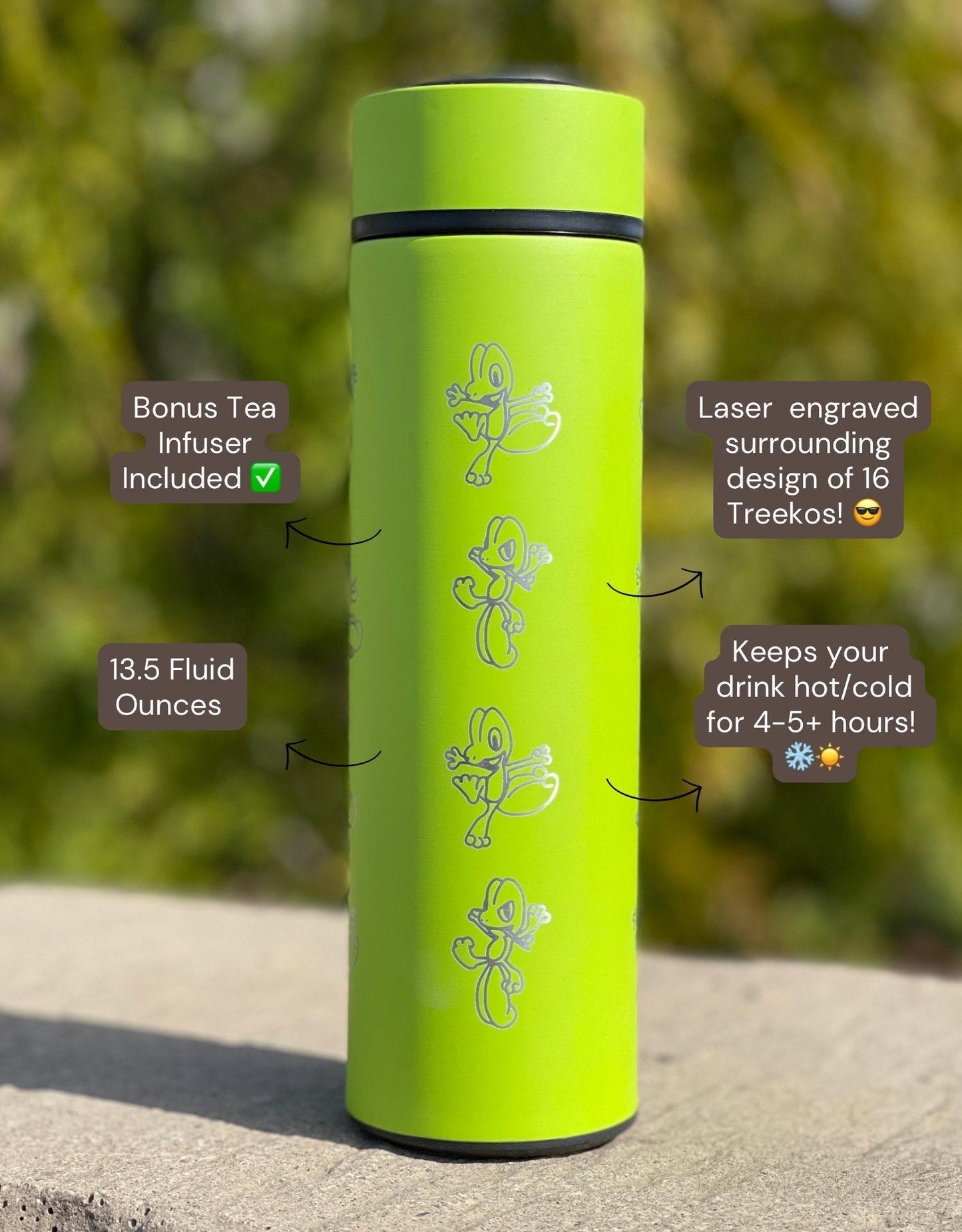 Treeko Coffee Tumbler with Tea Infuser Hoenn Grass Starter Water Bottle, Anime Gamer Travel Cup Mug Flask Drinkware Gift