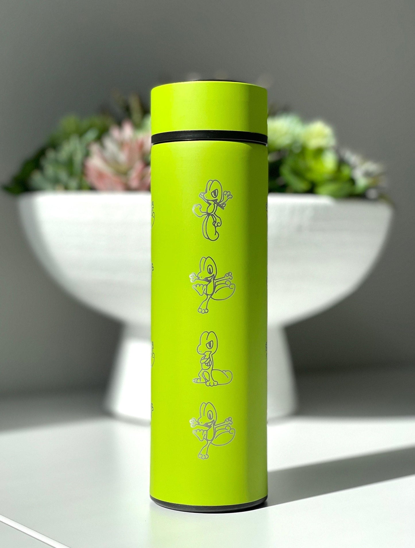 Treeko Coffee Tumbler with Tea Infuser Hoenn Grass Starter Water Bottle, Anime Gamer Travel Cup Mug Flask Drinkware Gift
