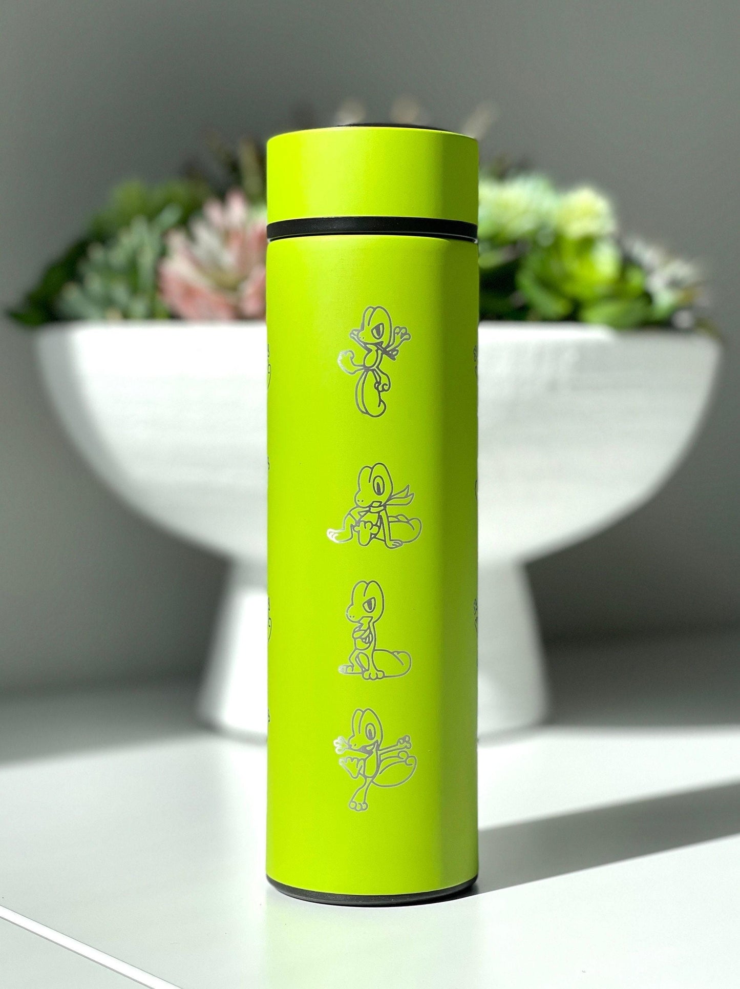 Treeko Coffee Tumbler with Tea Infuser Hoenn Grass Starter Water Bottle, Anime Gamer Travel Cup Mug Flask Drinkware Gift